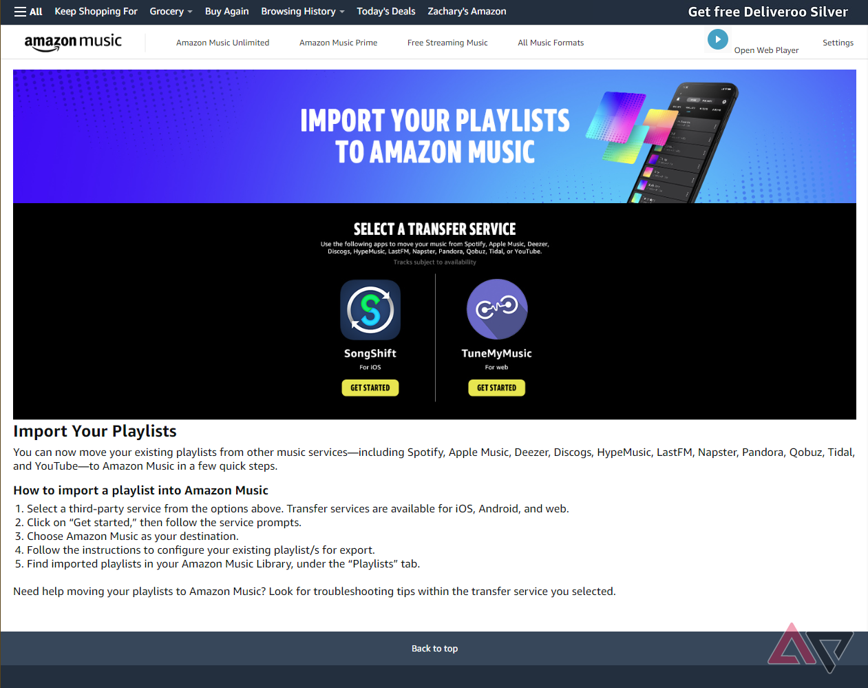 A screenshot of Amazon's music transfer page