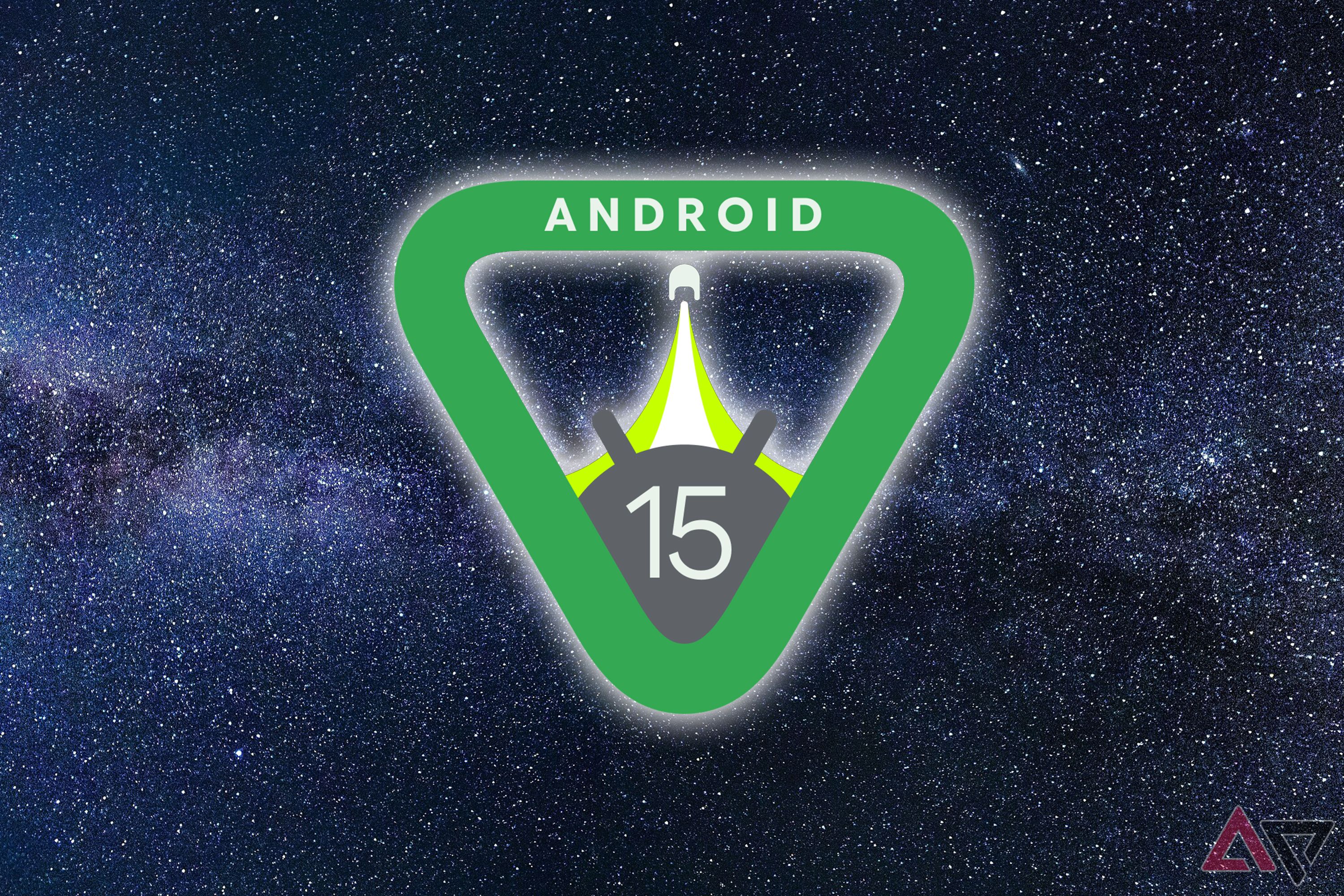 Android 15 logo over Milky Way image