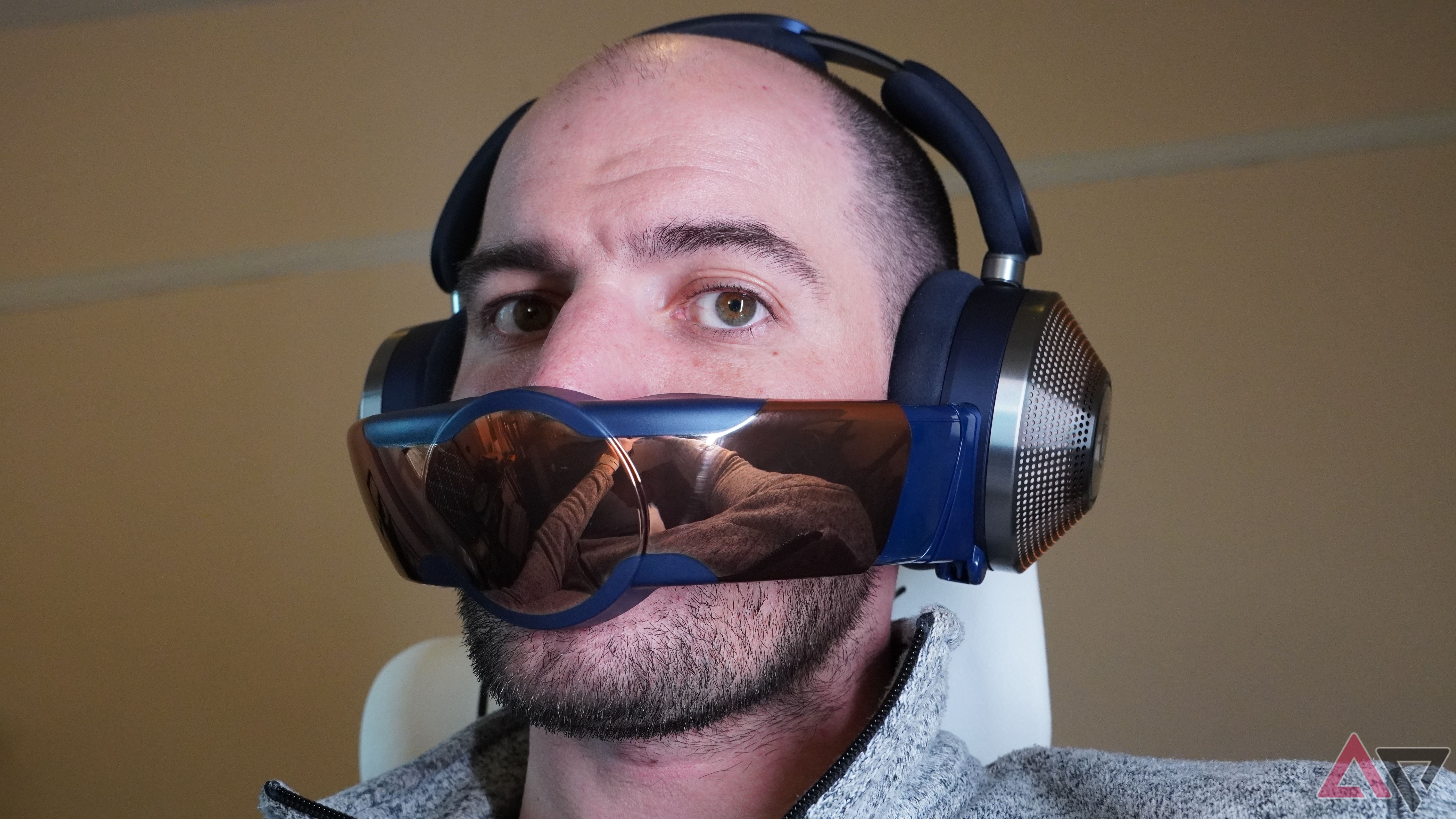 Dyson Zone headphones worn with visor