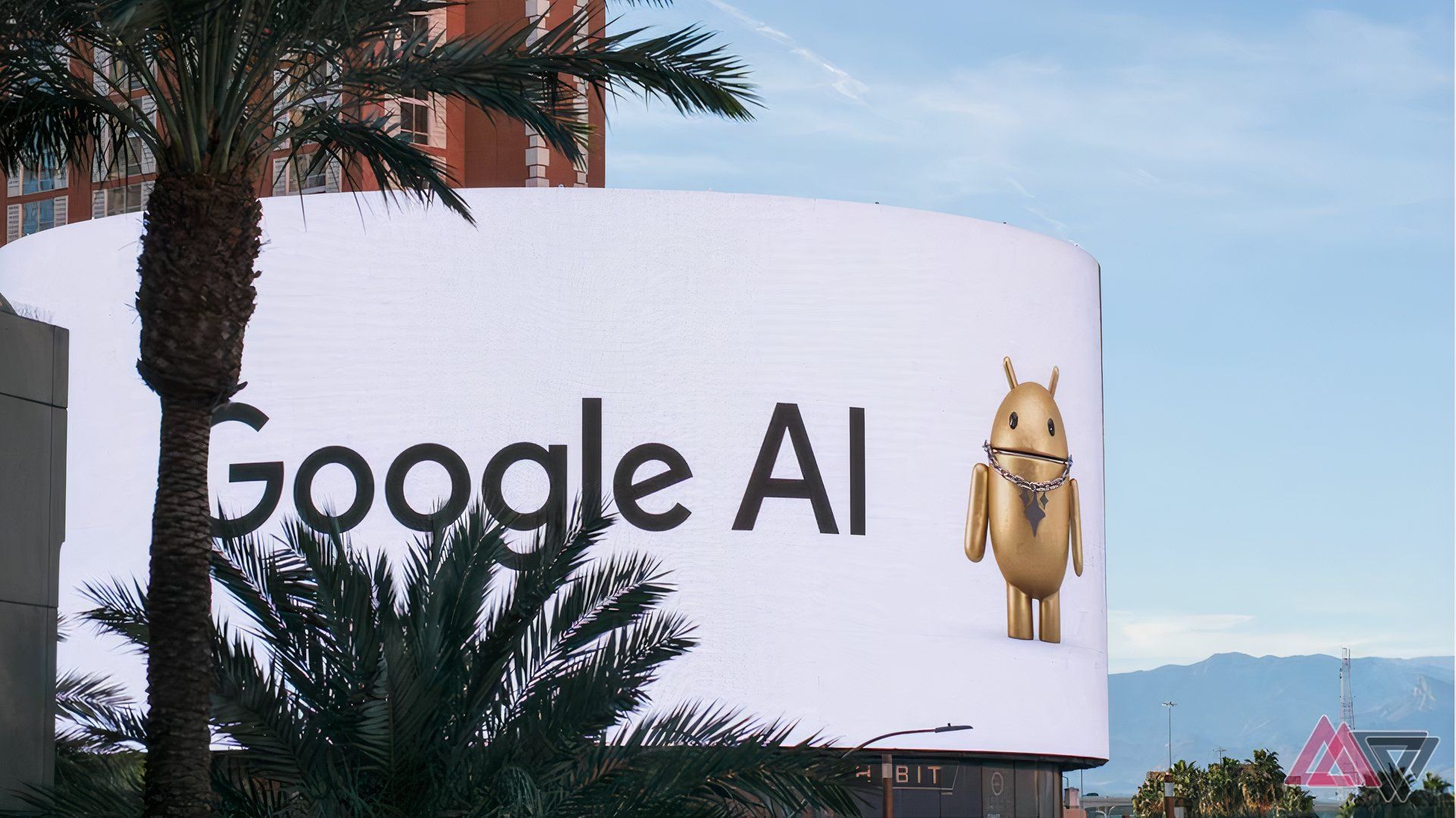 An LCD billboard with the words Google AI and the Android mascot 