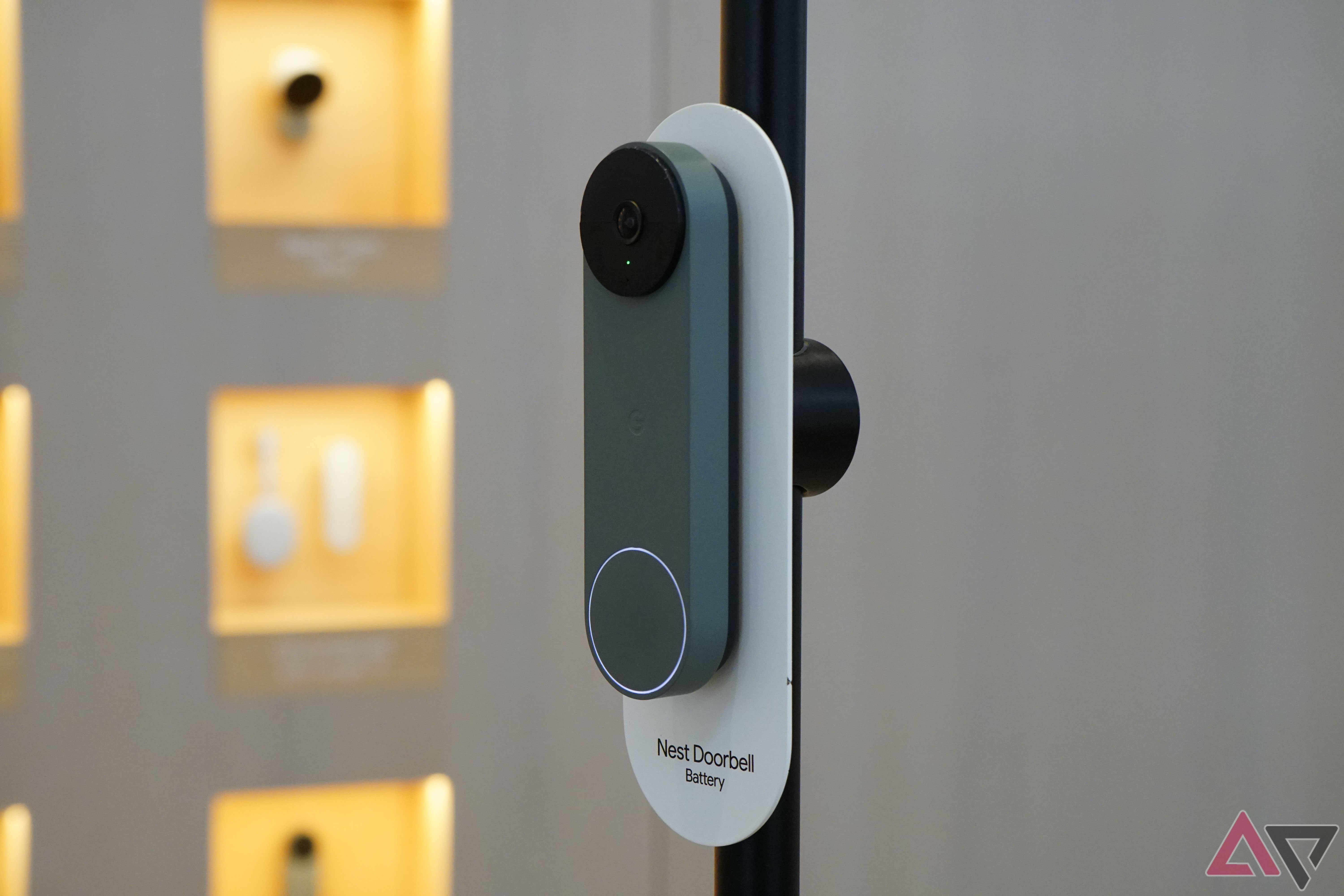 A Nest Doorbell Battery on display at a Google Store location.