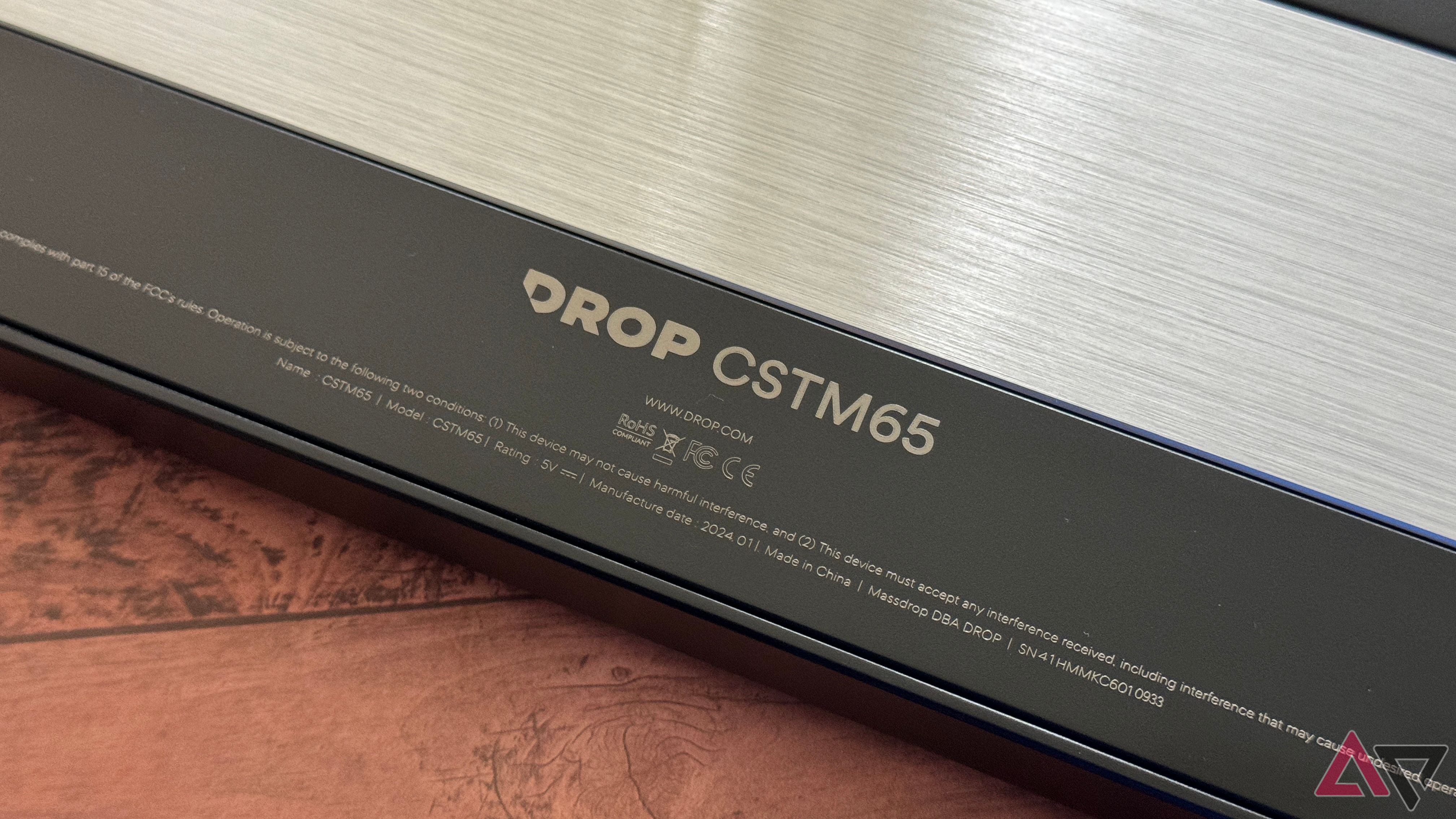 Closeup of Drop branding on the back of the CSTM65