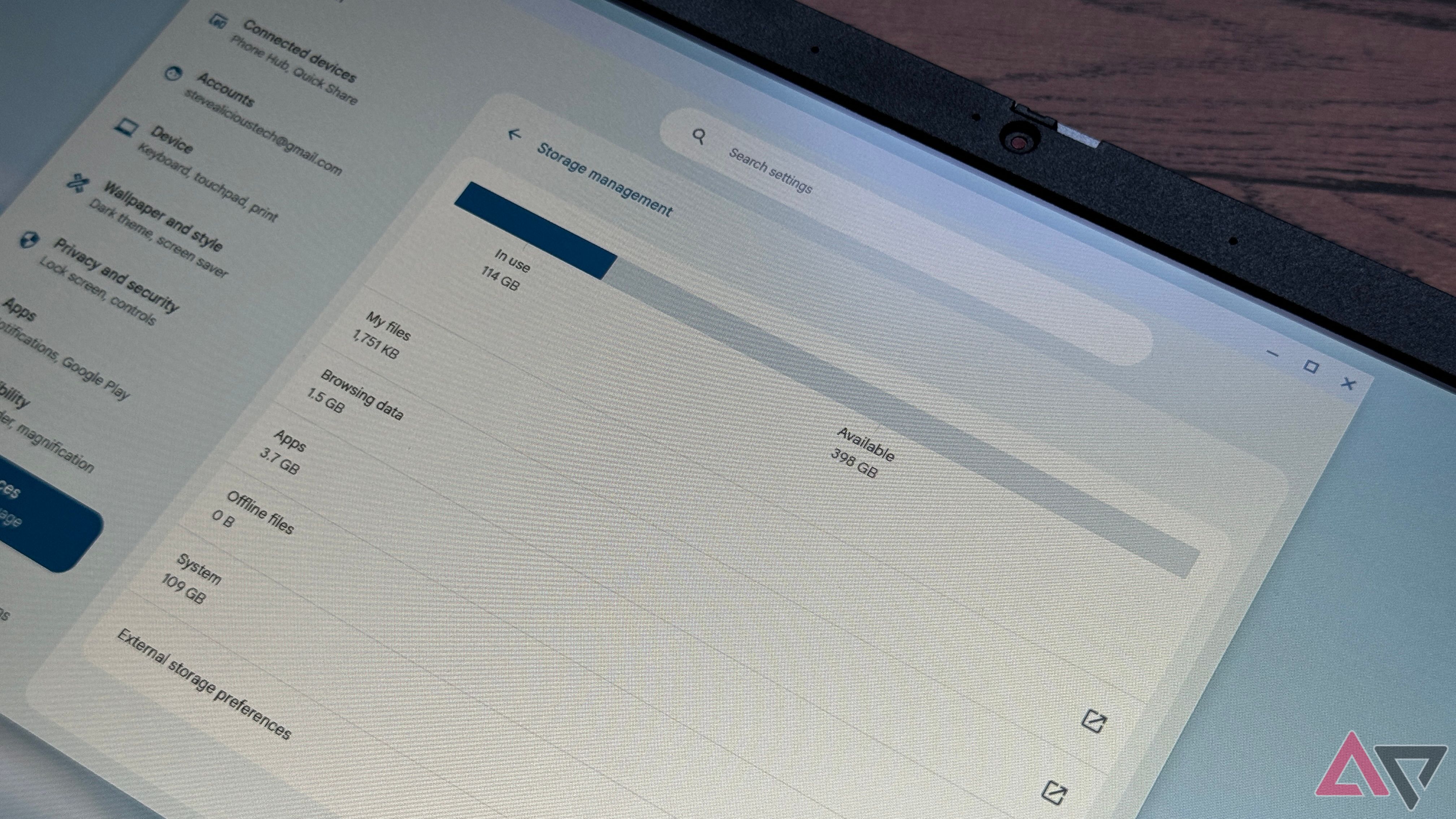 Display showing the storage remaining on a Acer Chromebook Plus 514