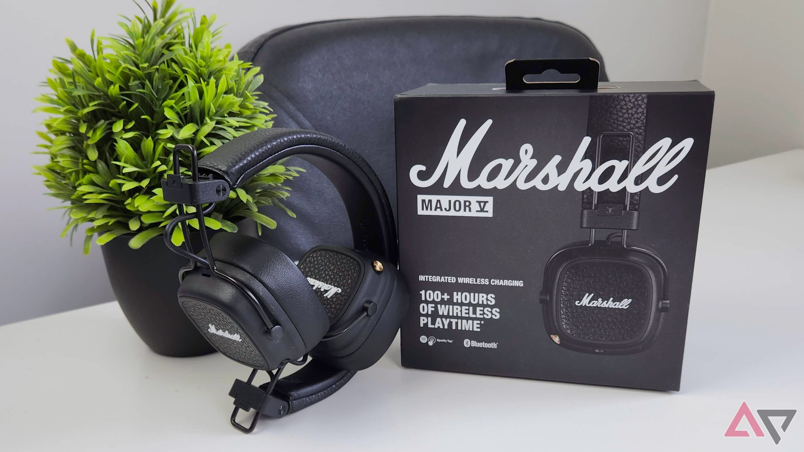 Marshall Major V wireless headphones on a table next to a box and a plant