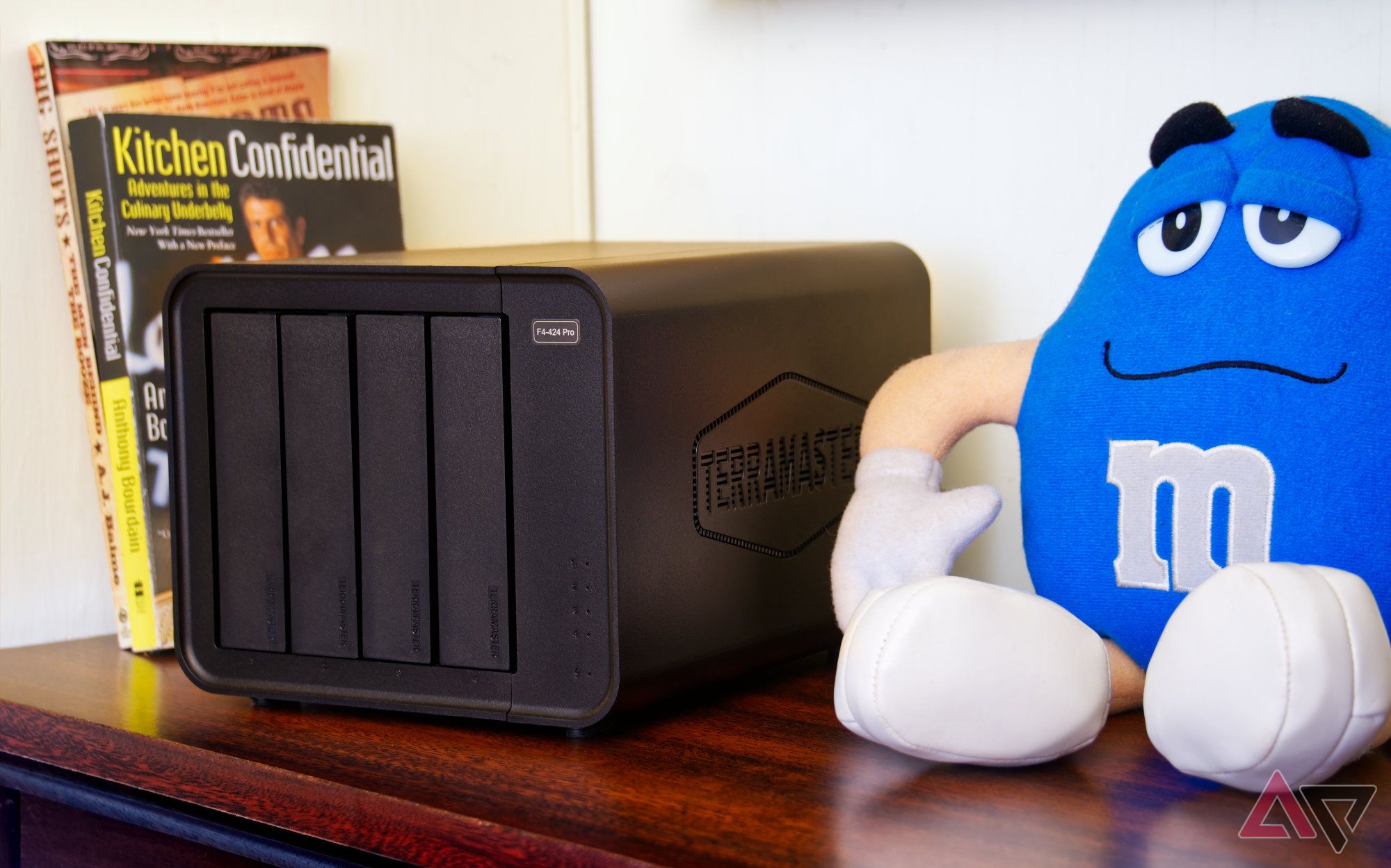 Terramaster F4-424 Pro on top of a wooden bookshelf next to blue plushie and a couple books