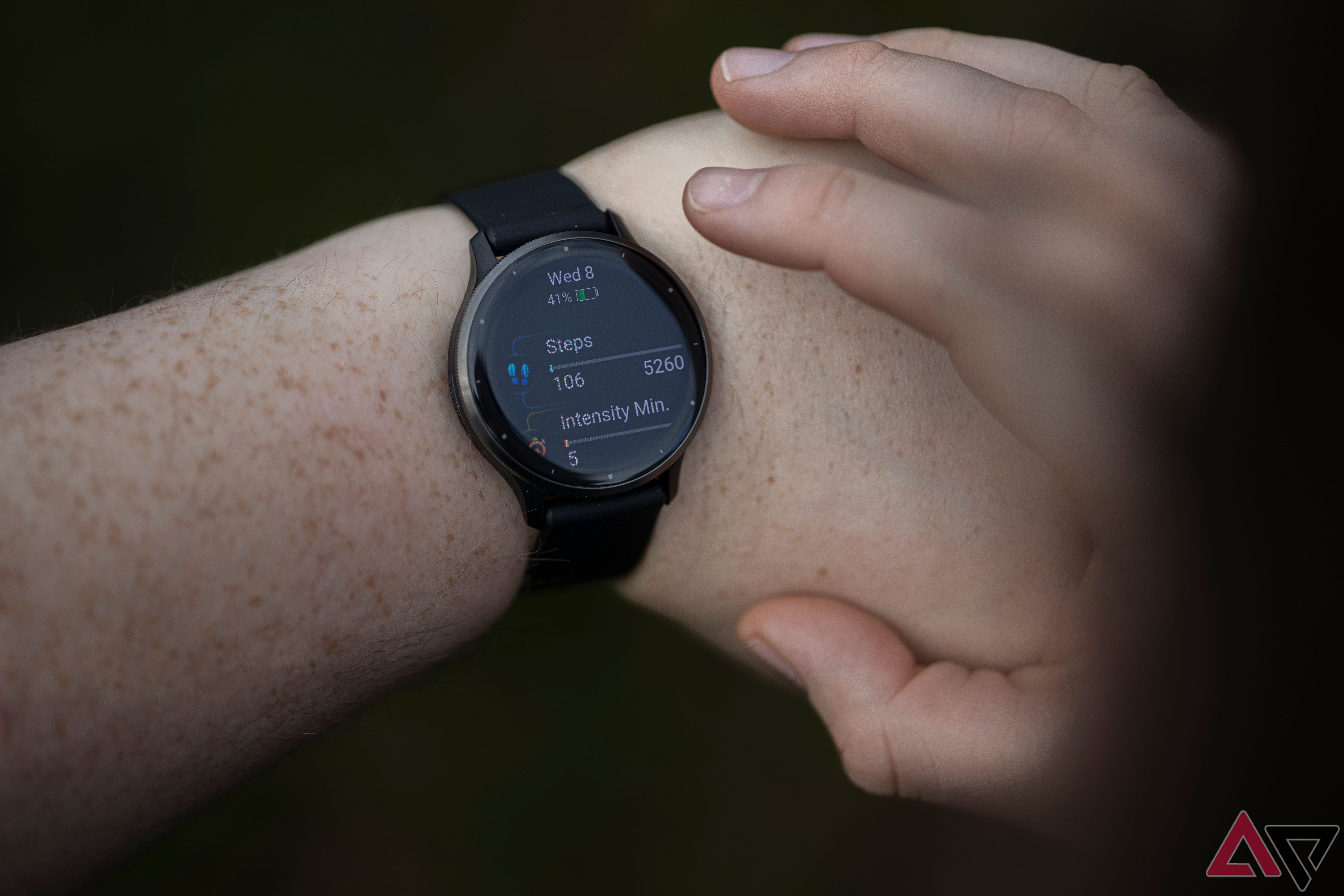 Close up of Garmin Venu 3 smartwatch on man's wrist