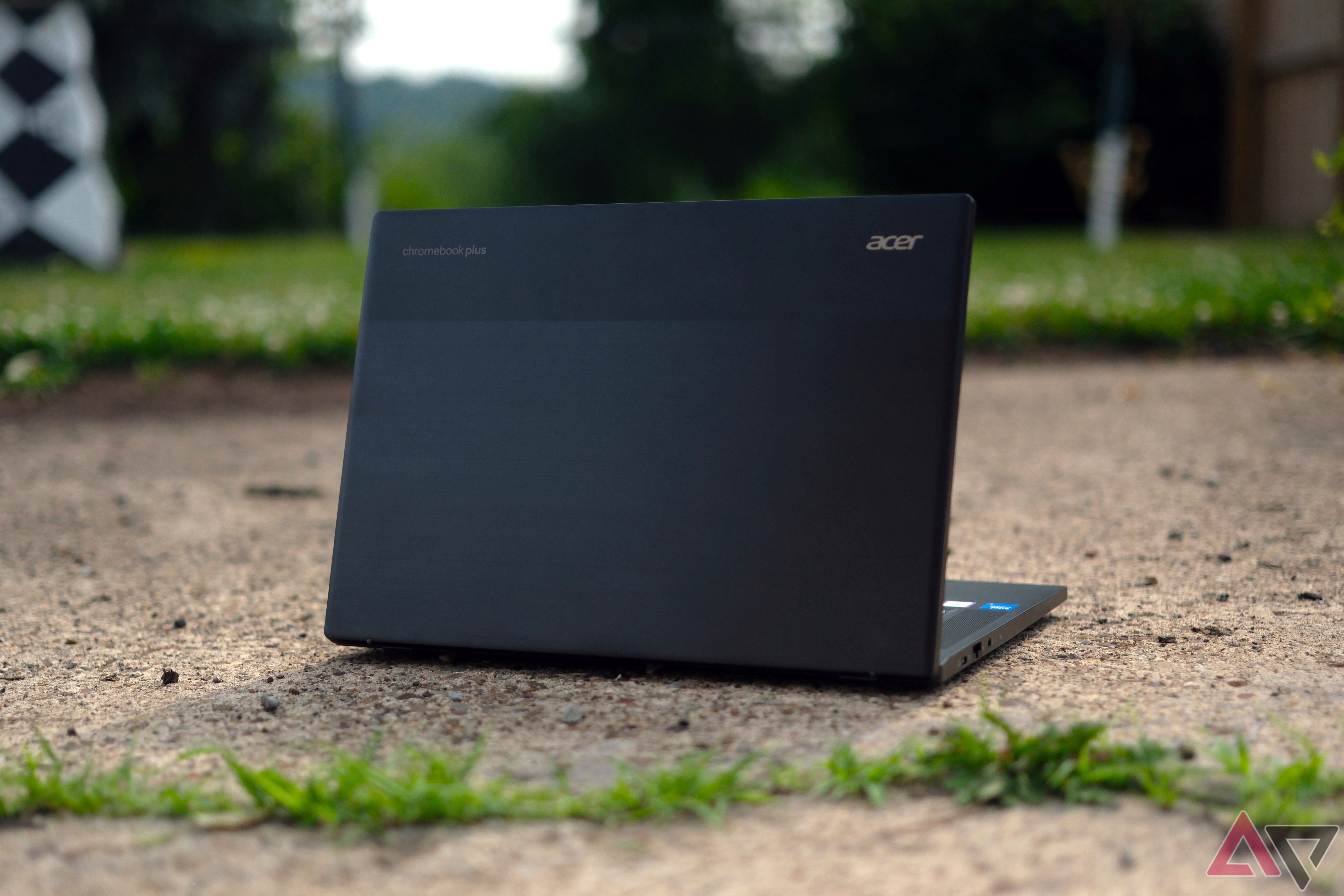 Acer Chromebook Plus 516 GE (2024) showing rear of lid sitting on driveway