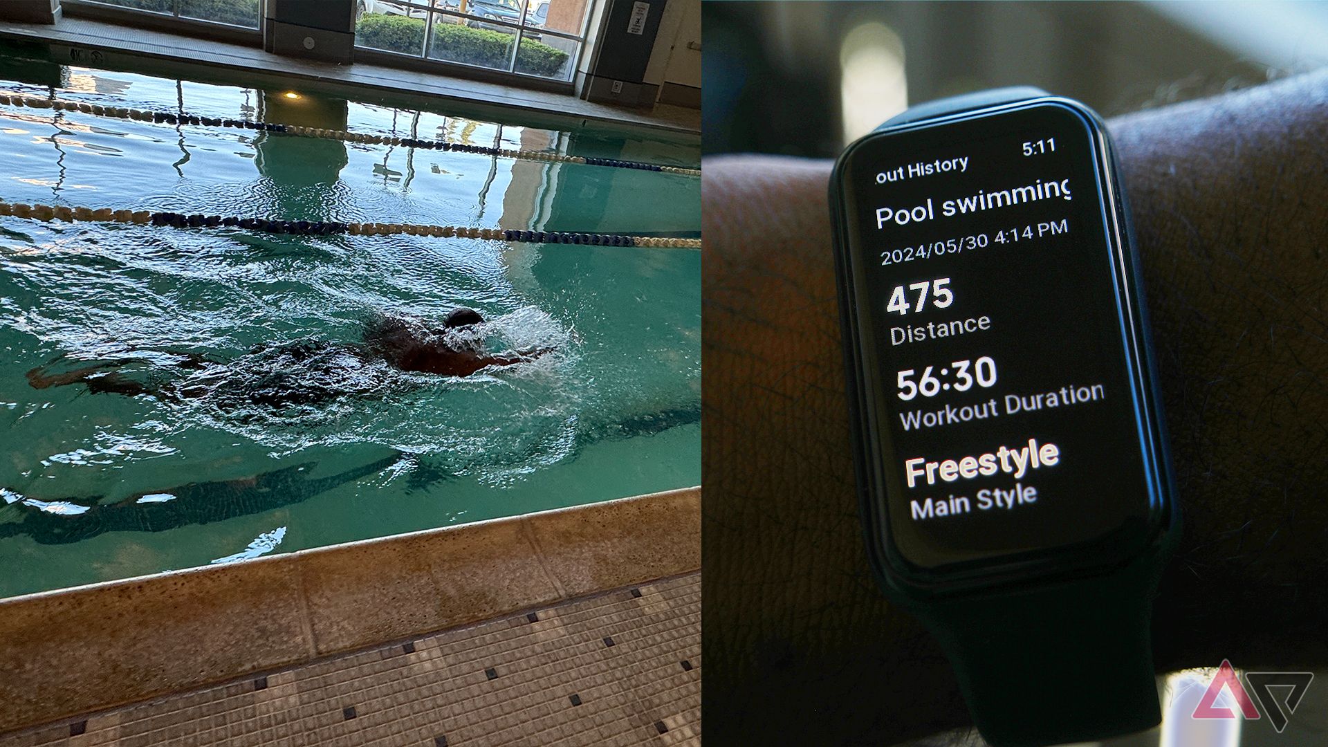 Two images combined. The Amazfit Band 7 showing swimming workout metrics, and the reviewer swimming laps