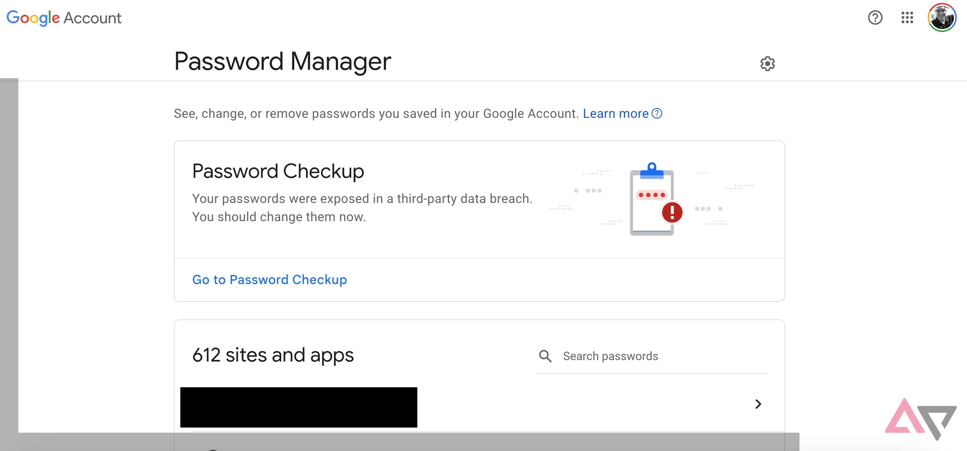 A screenshot of Google Password Manager page.