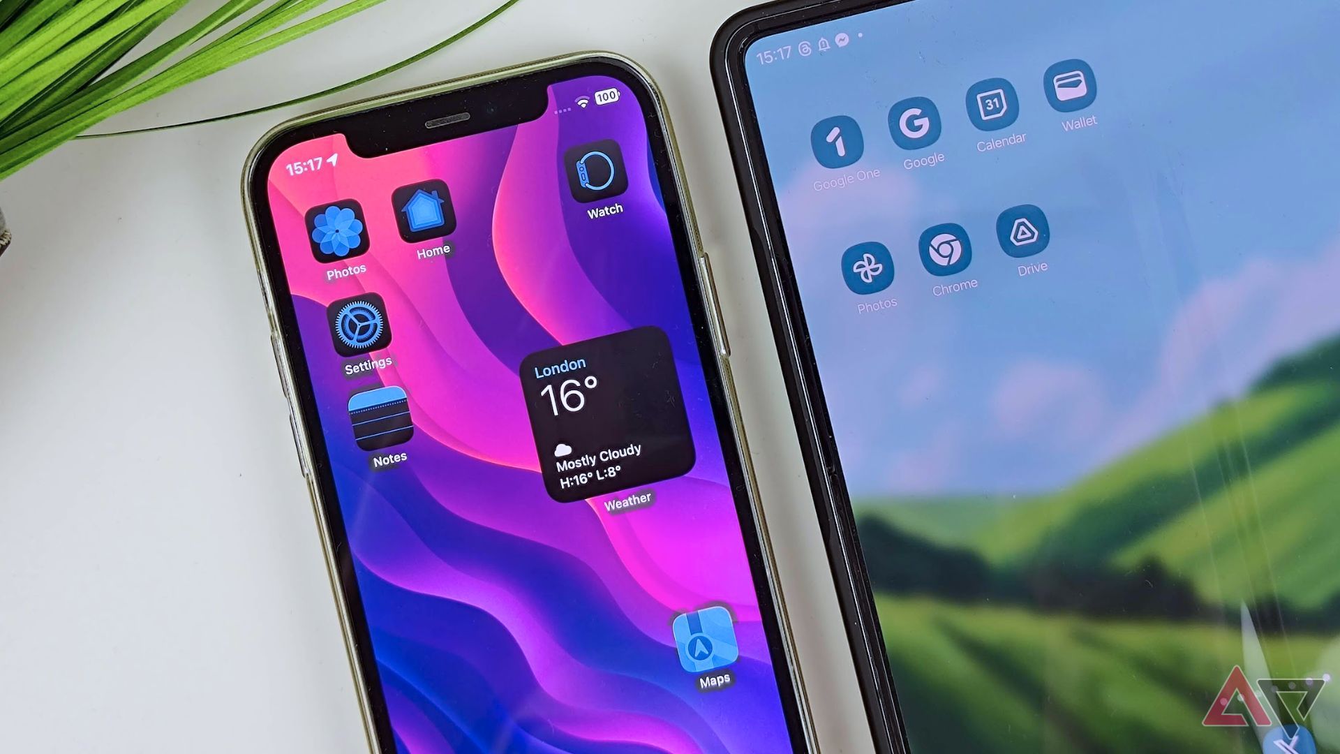 iOS 18 on an iPhone and a Samsung Galaxy Foldable on a white desk next to a plant