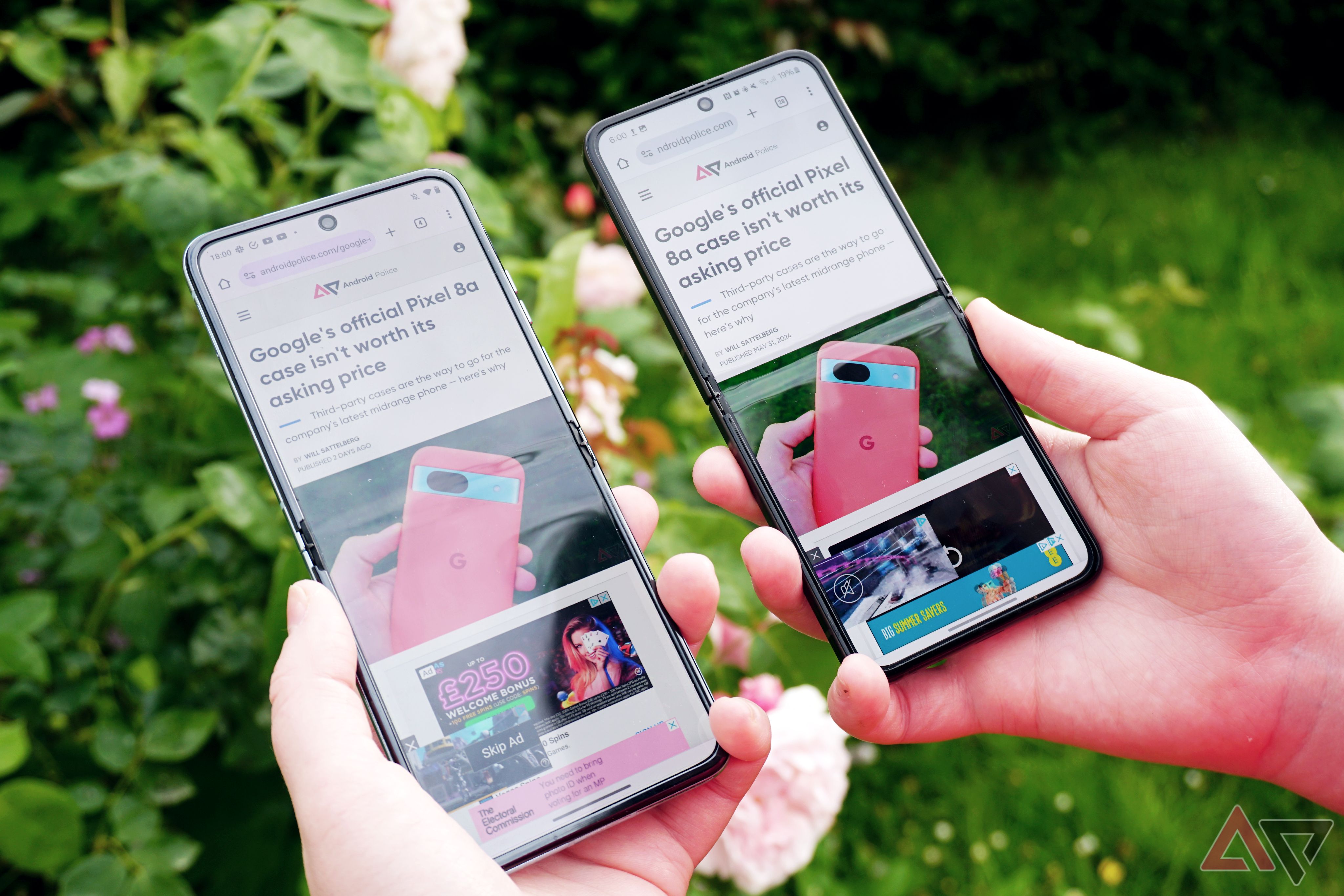 A photo of a Moto Razr+ and a Samsung Galaxy Z Flip 5