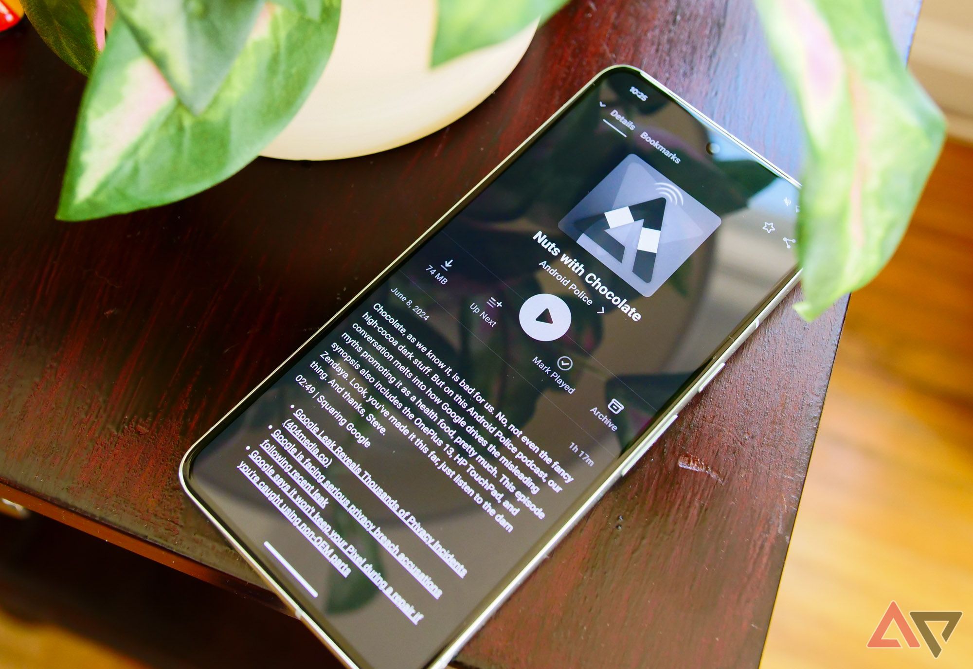 A Pixel 8 Pro lying under a plant with an episode of the Android Police podcast shown in grayscale.