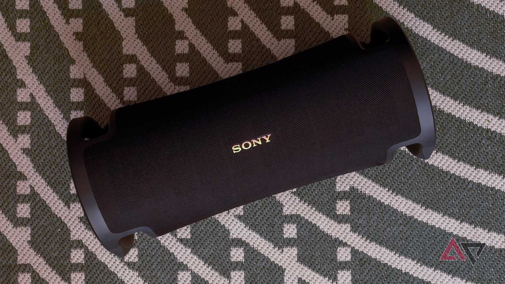 Sony speaker on a green rug.