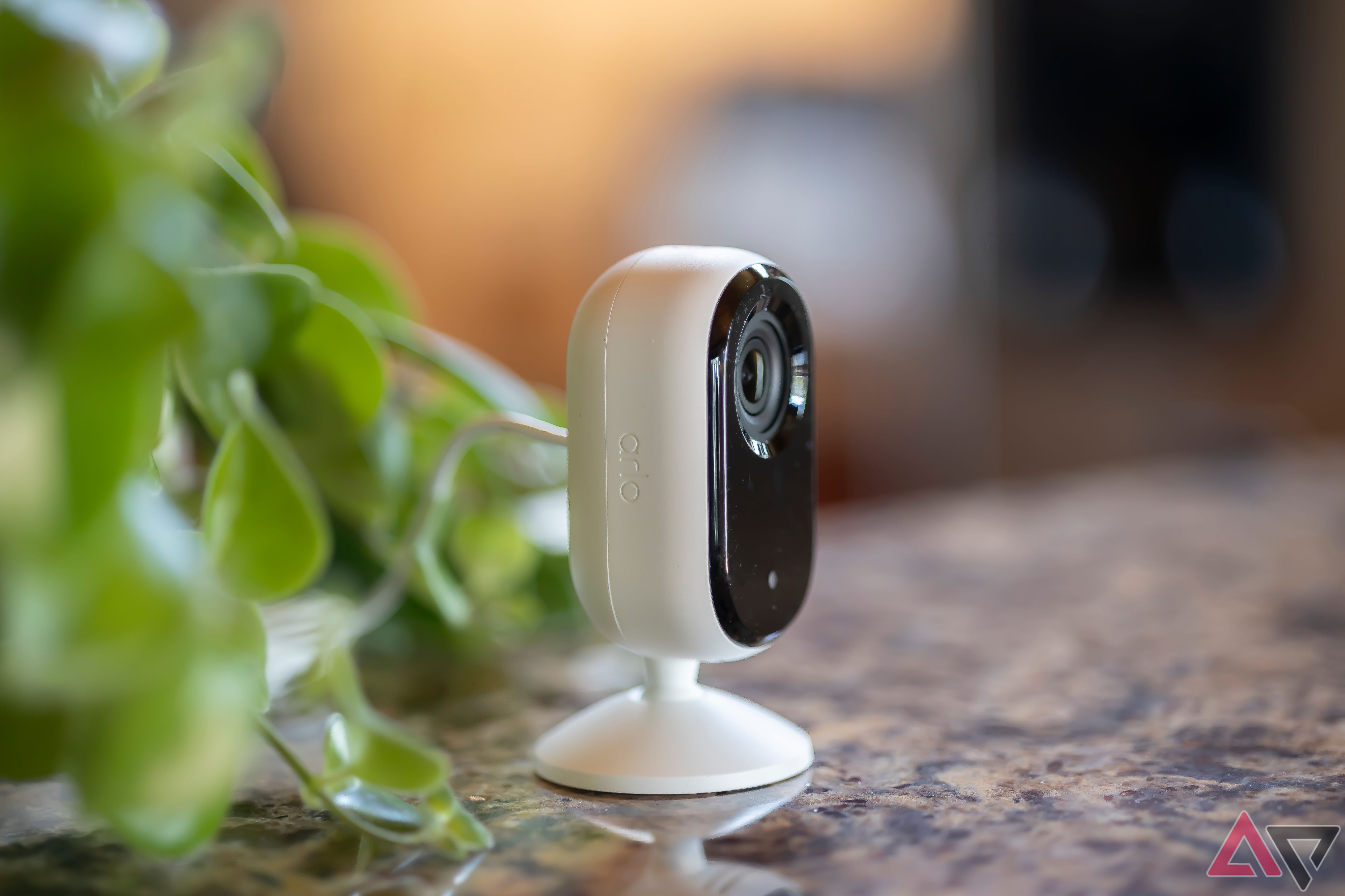 Arlo Essential Indoor Camera (2nd Gen, 2K) on granite countertop next to greenery