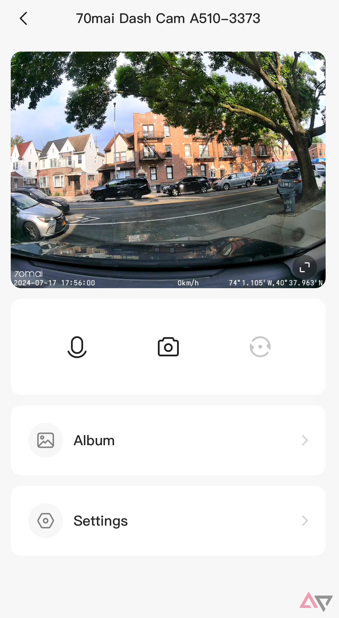 70mai app showing the dash cam's live view.