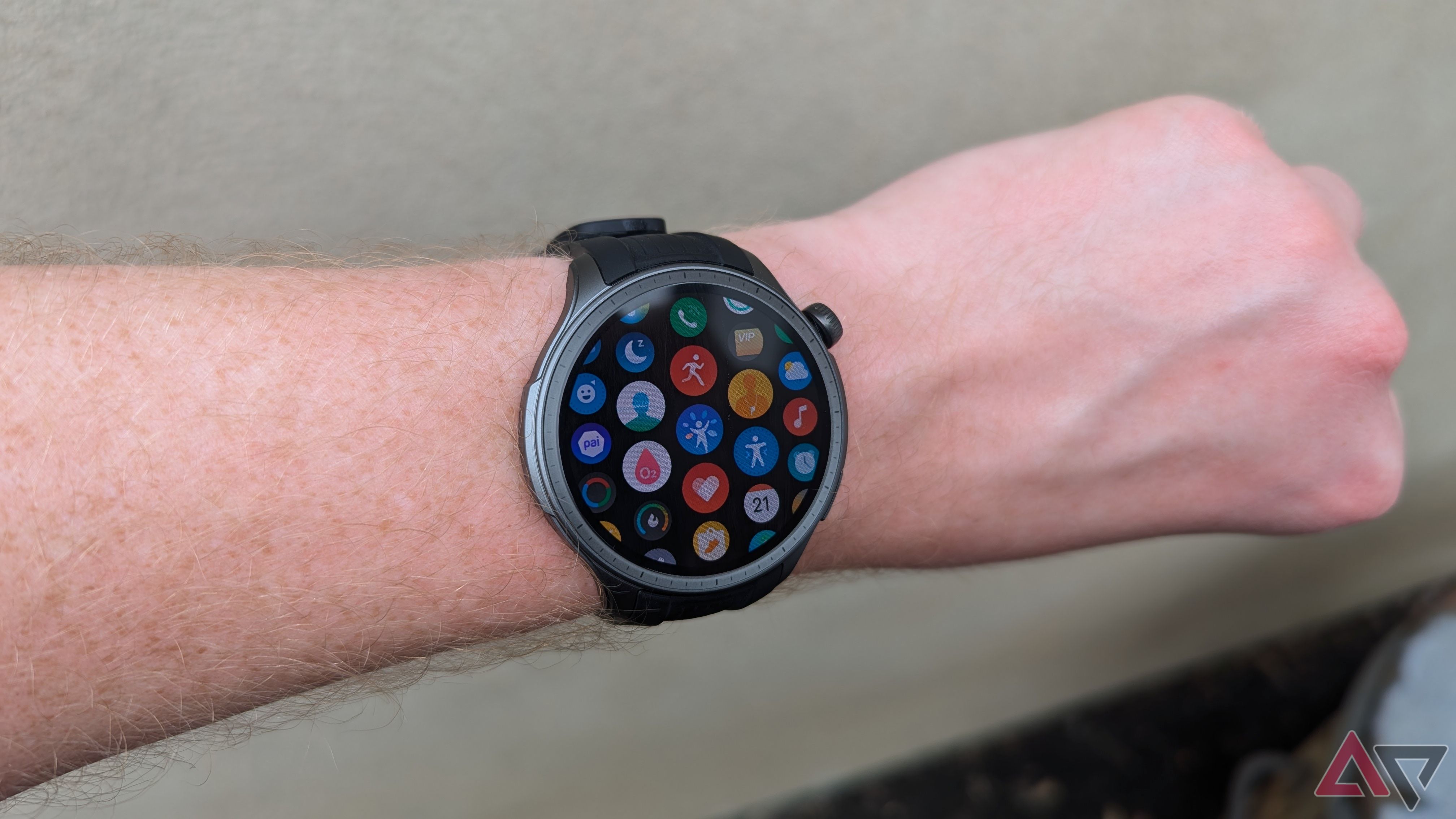 Amazfit Balance smartwatch in Midnight color on wrist showing apps on display