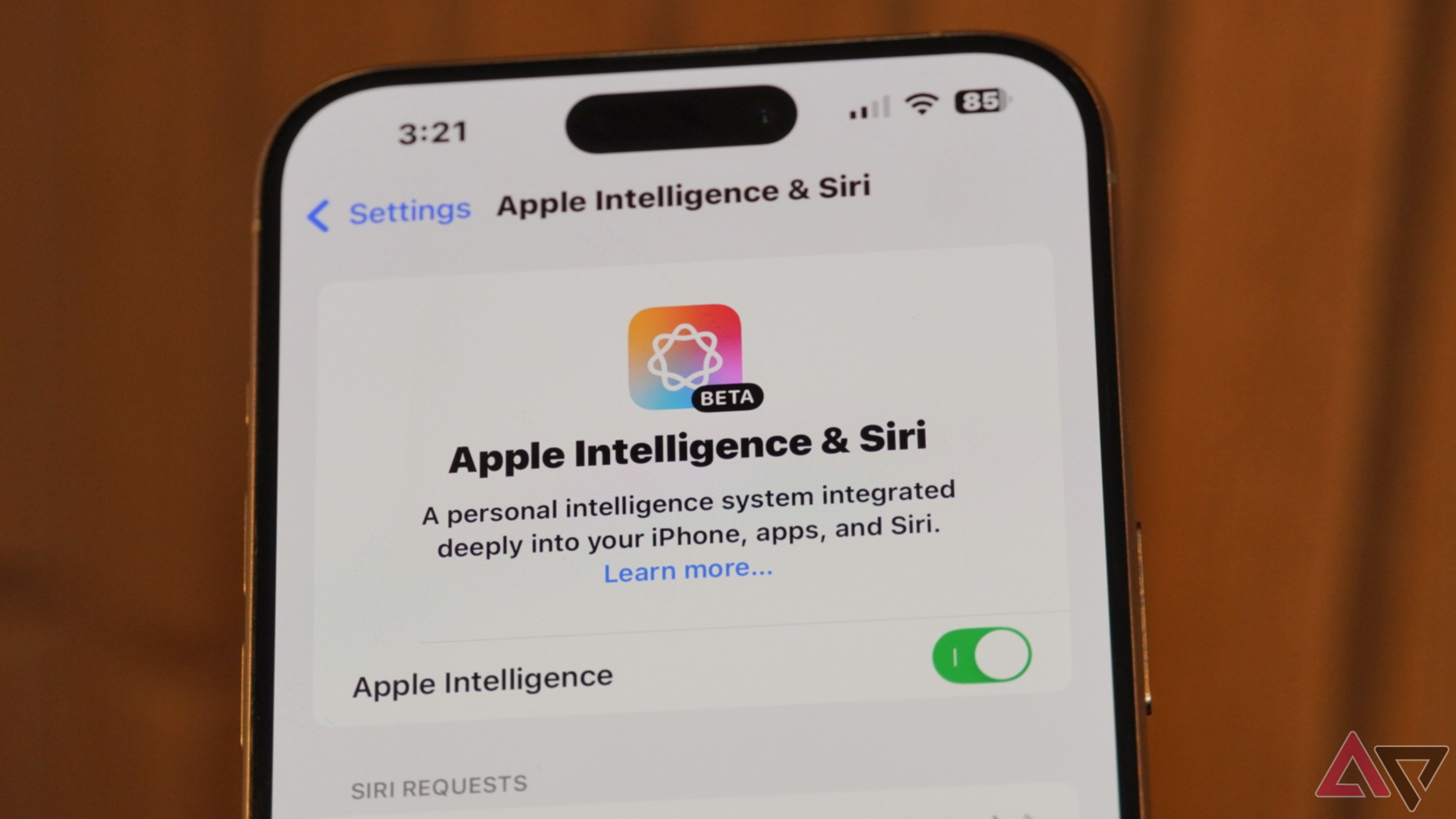 Apple Intelligence menu in settings.