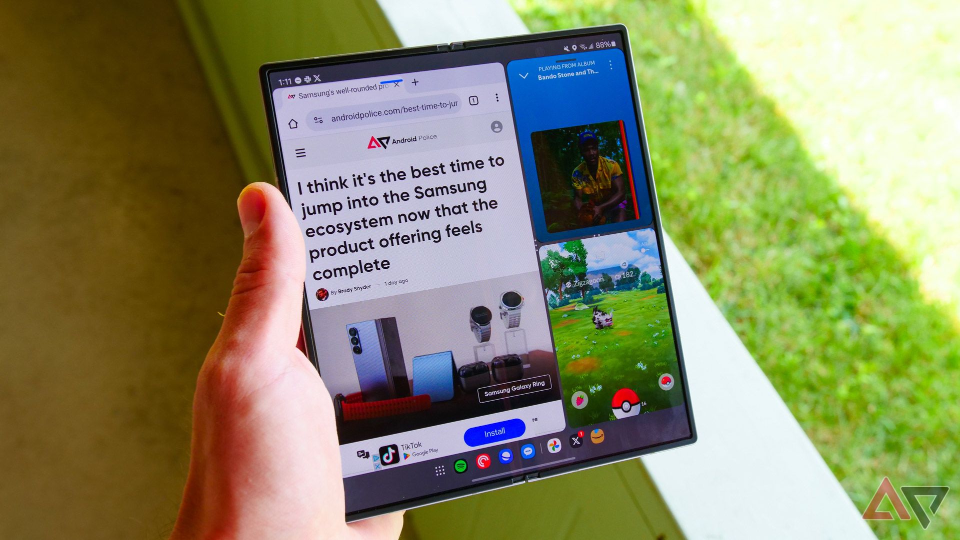 The Galaxy Z Fold 6 in split-screen mode with Chrome, Spotify, and Pokemon Go open.