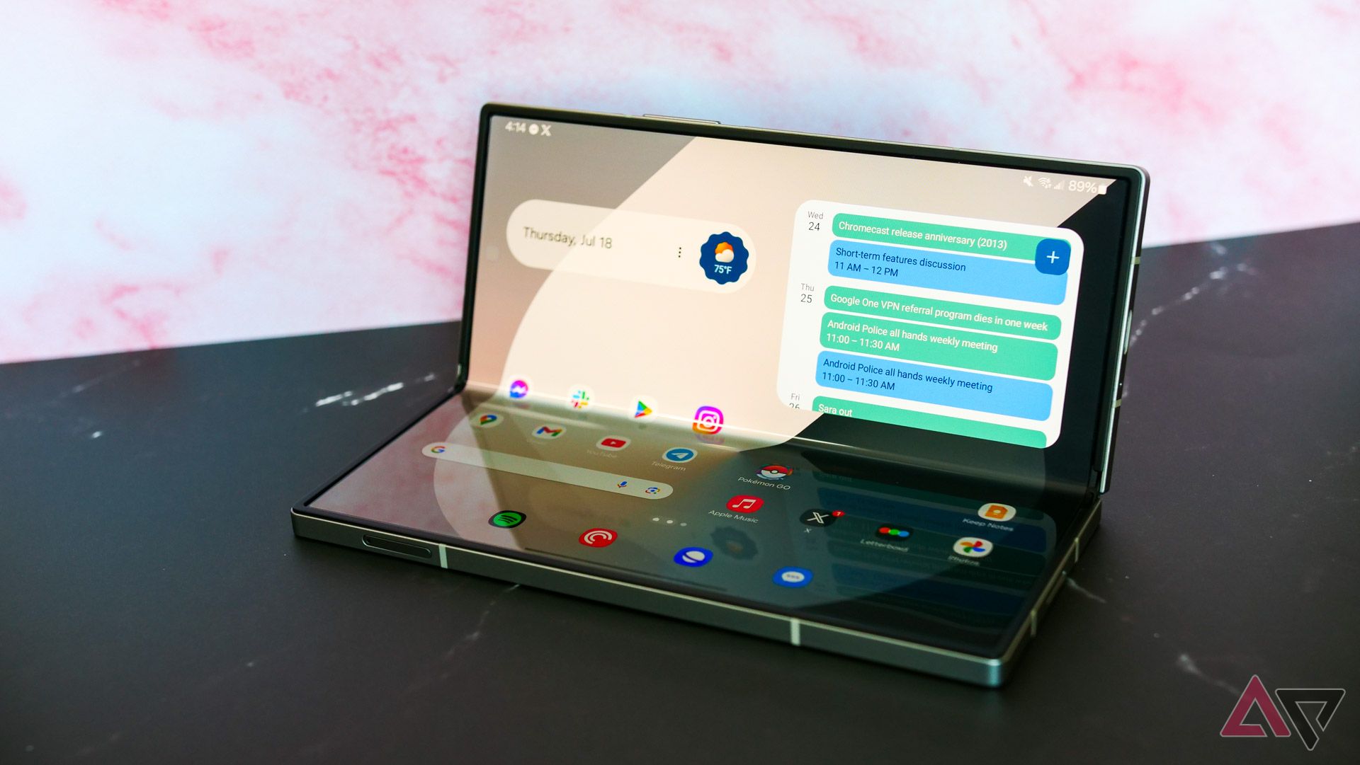 The Galaxy Z Fold 6 in laptop mode with the homescreen showing.