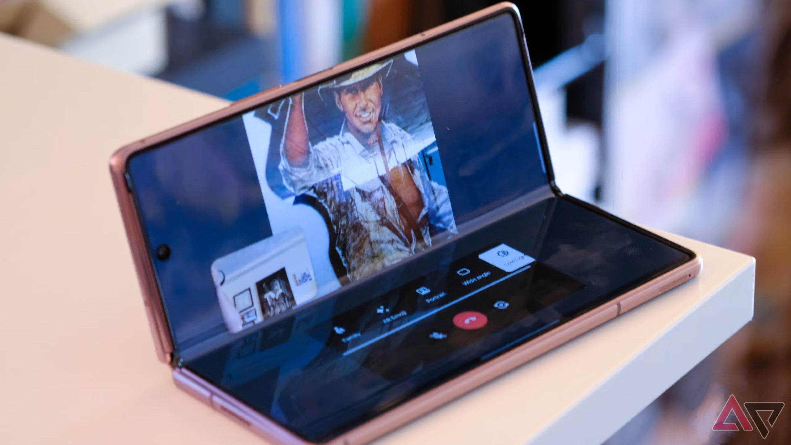 A photo of a Galaxy Z Fold 2 on a table with Google Duo 