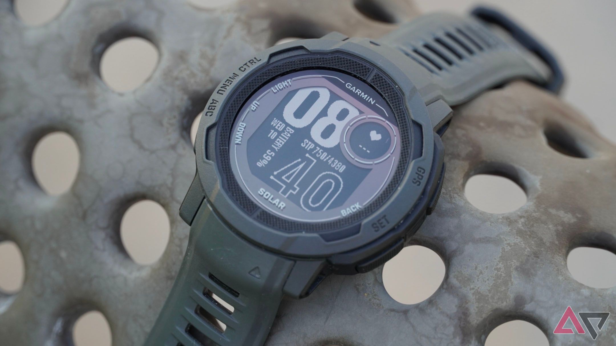 A close-up of the Garmin Instinct 2 Solar watch face.