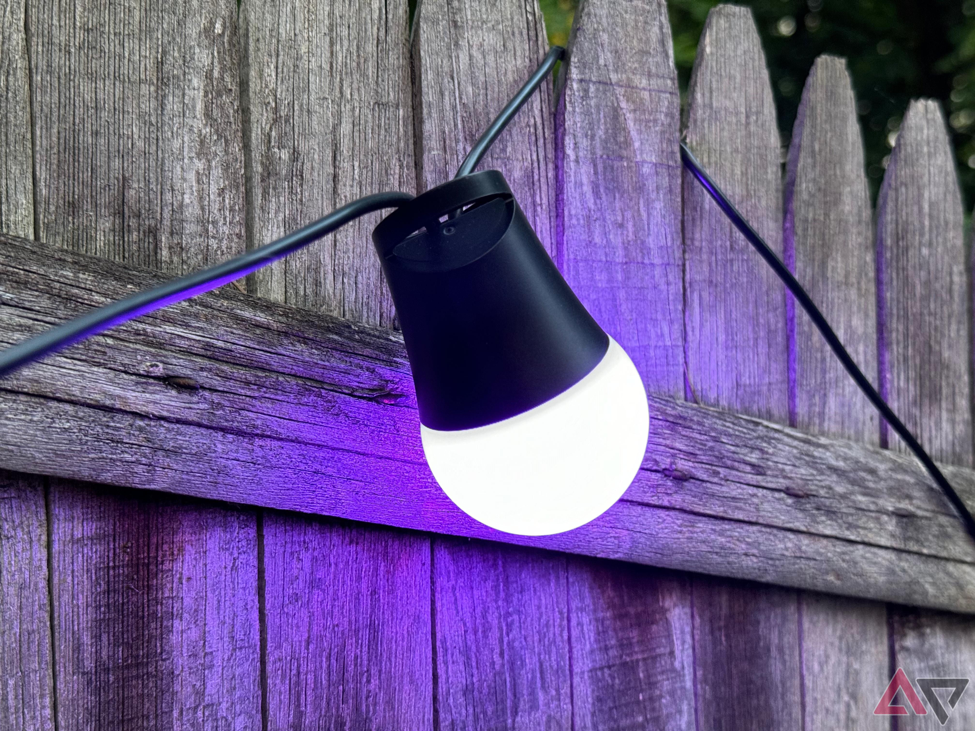 Govee Outdoor String Lights 2 lit up in purple