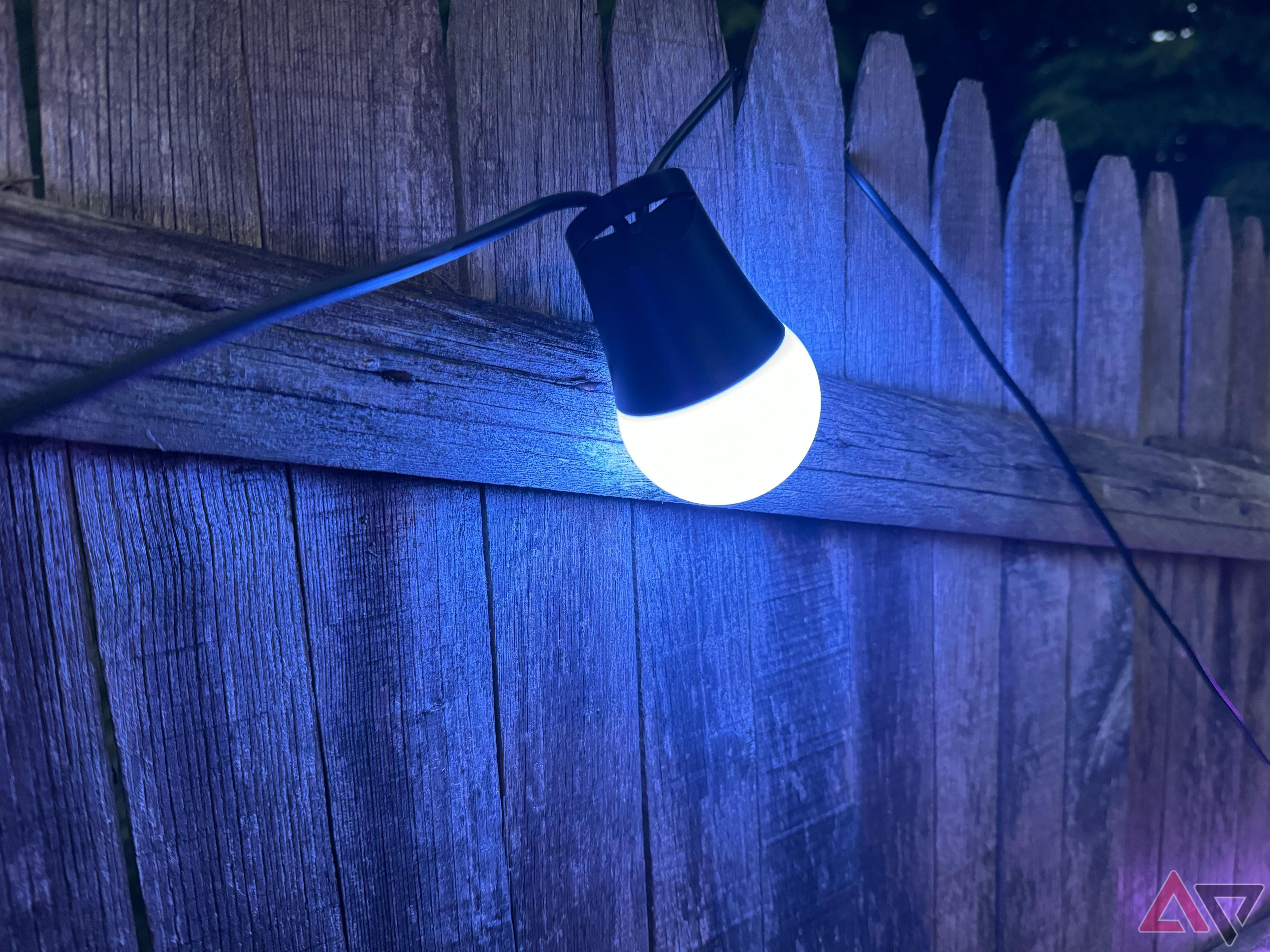 Govee Outdoor String Lights 2 lit up in blue at night