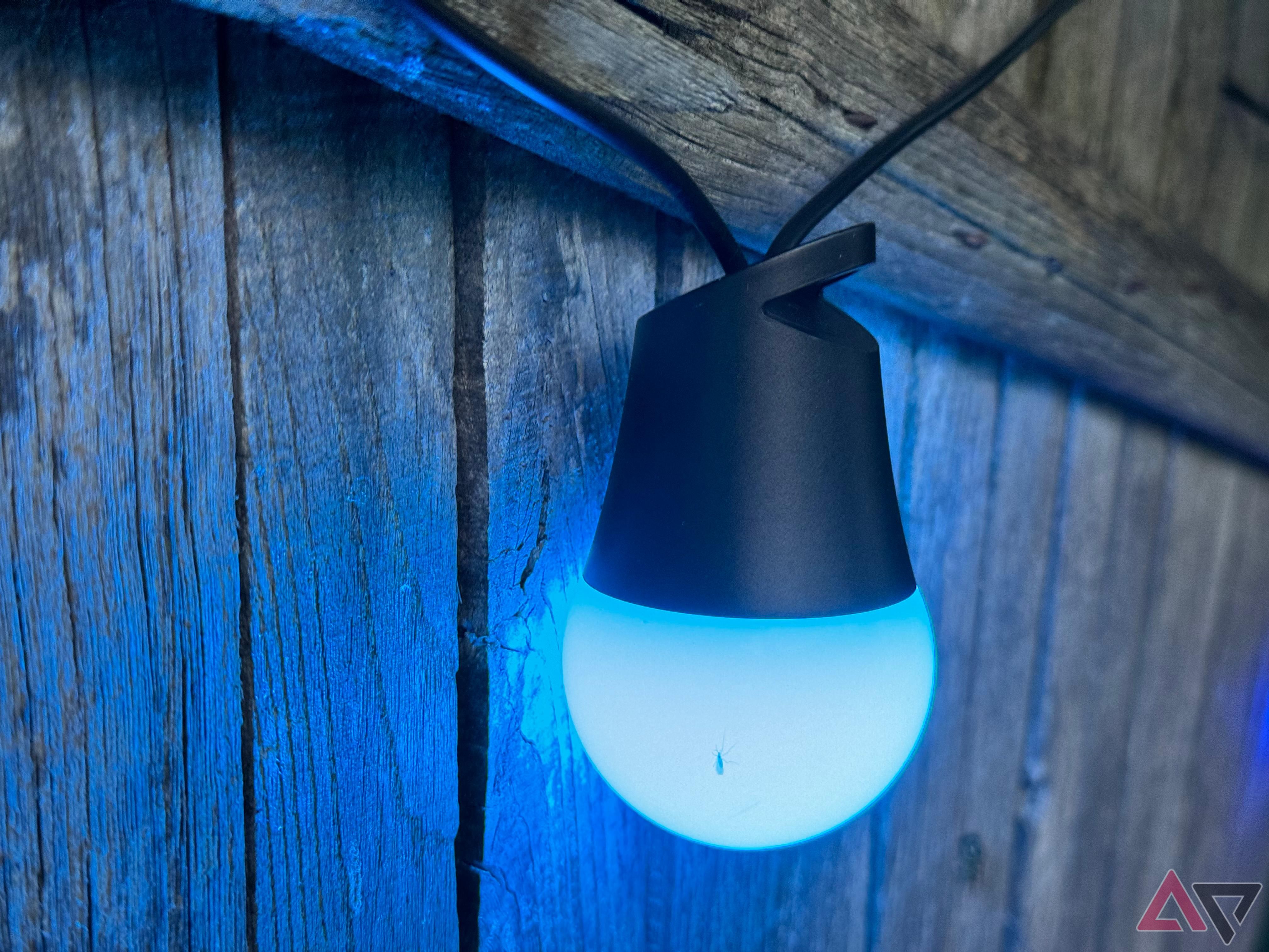 Govee Outdoor String Lights 2 lit up in blue at night