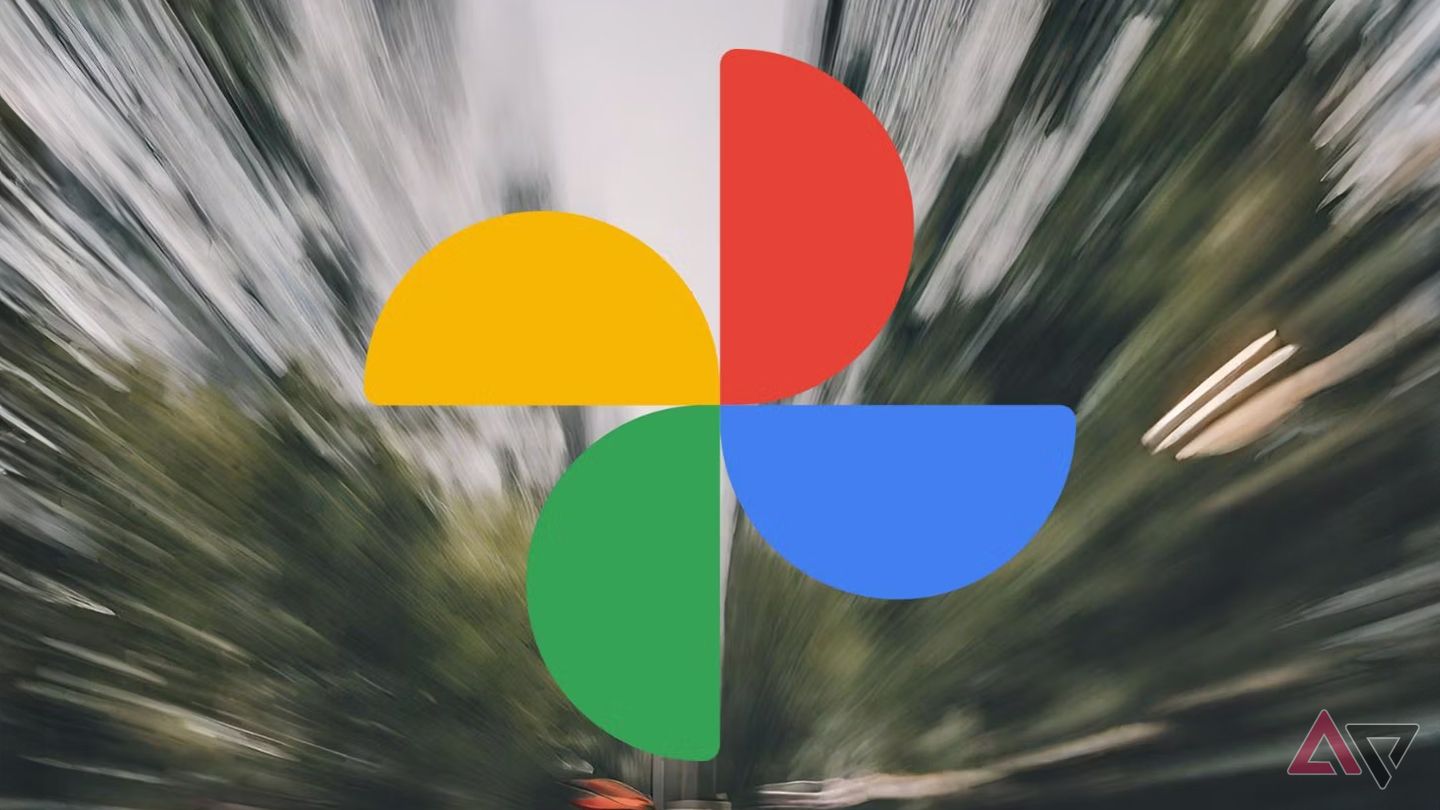 Google Photos logo superimposed on a blurred tree image