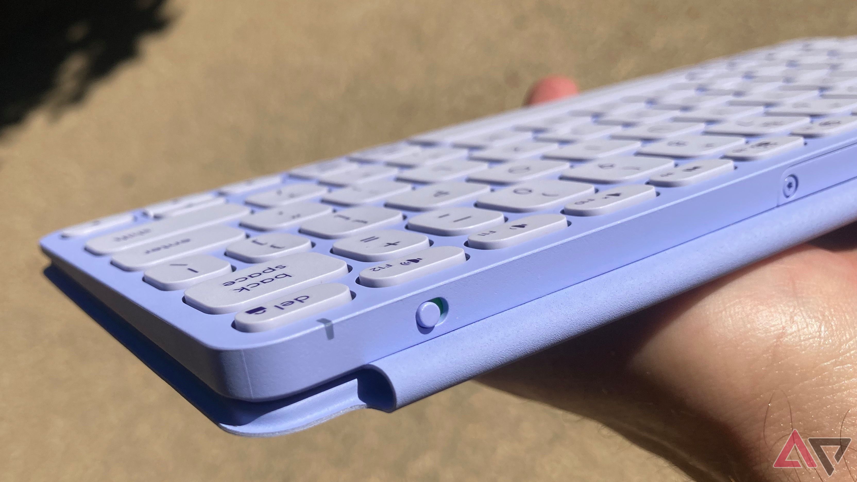 The Logitech Keys-To-Go 2 from the rear, including a view of the on/off switch