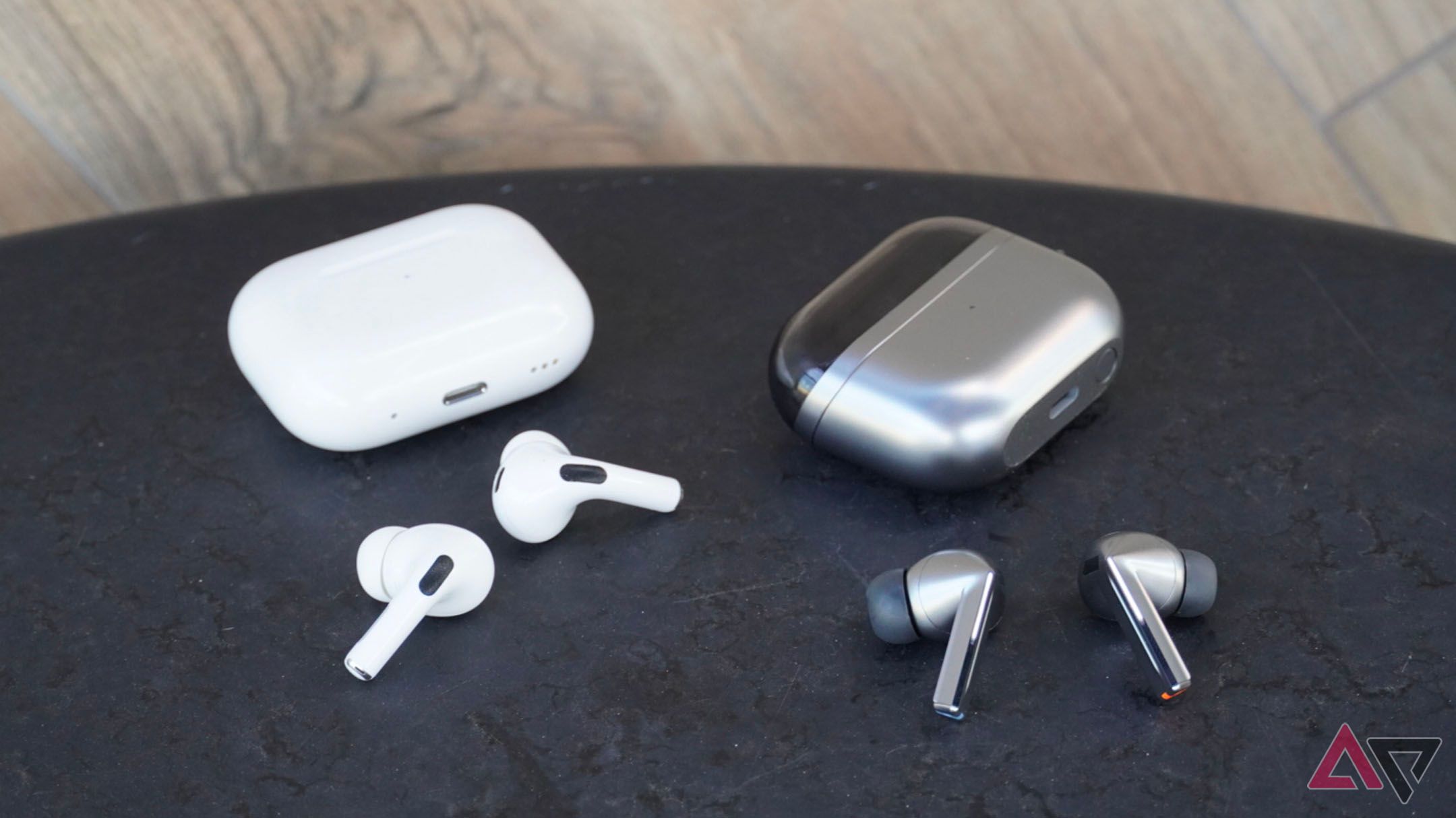 The AirPods Pro 2 beside the Galaxy Buds 3 Pro.