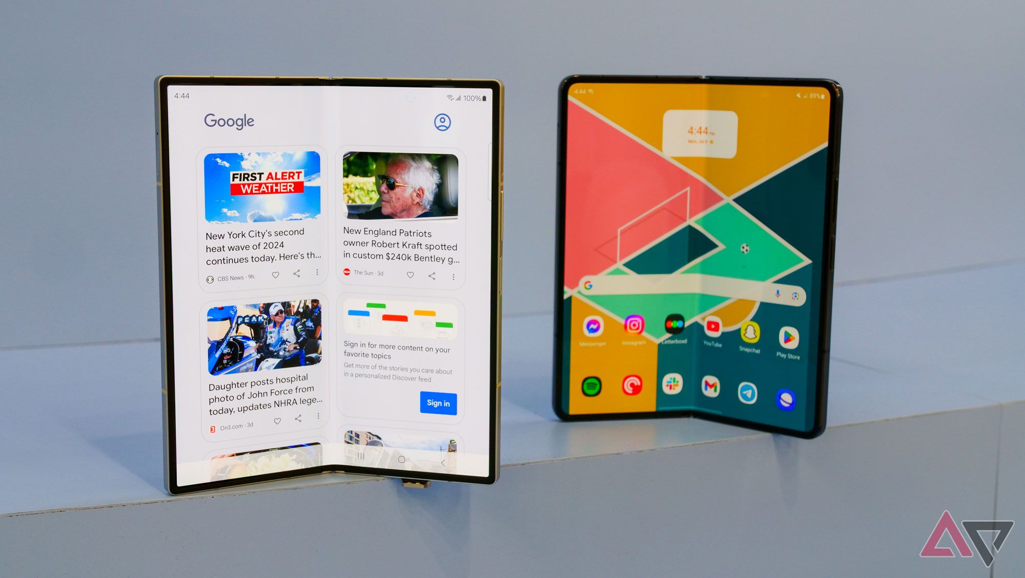 The Galaxy Z Fold 6 standing up next to the Galaxy Z Fold 5.