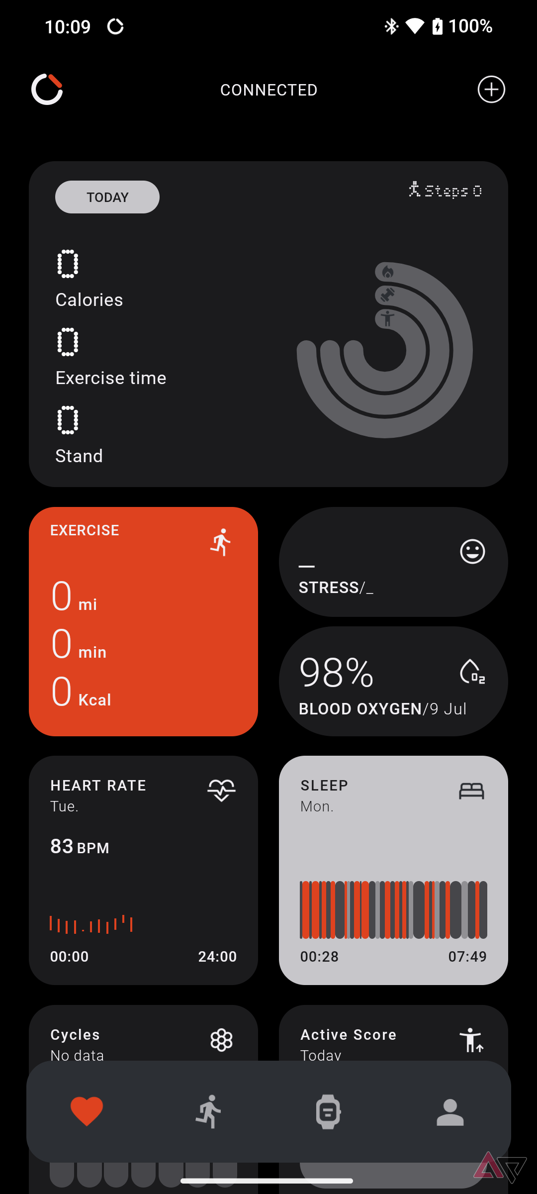 Dashboard of the CMF Watch app, showing the various sensors and tracking information