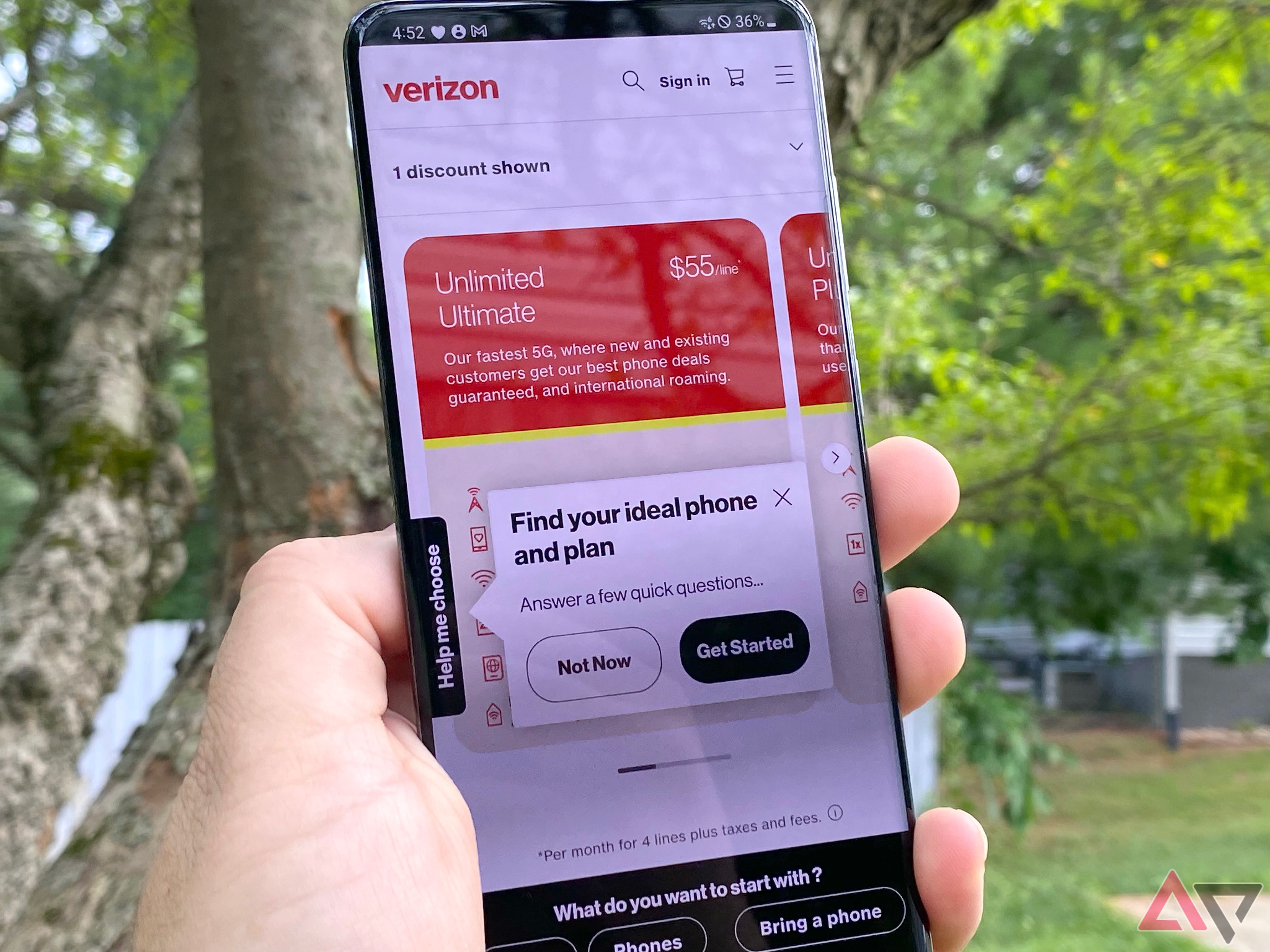 Verizon Wireless website on a Galaxy smartphone