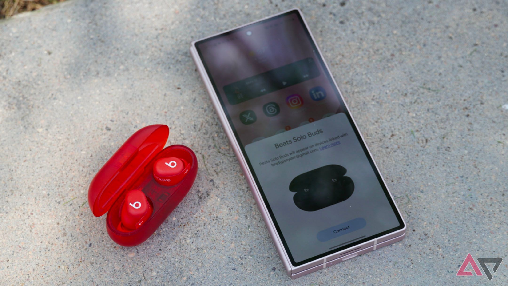 Beats Solo Buds connected to a Galaxy Z Fold 6.