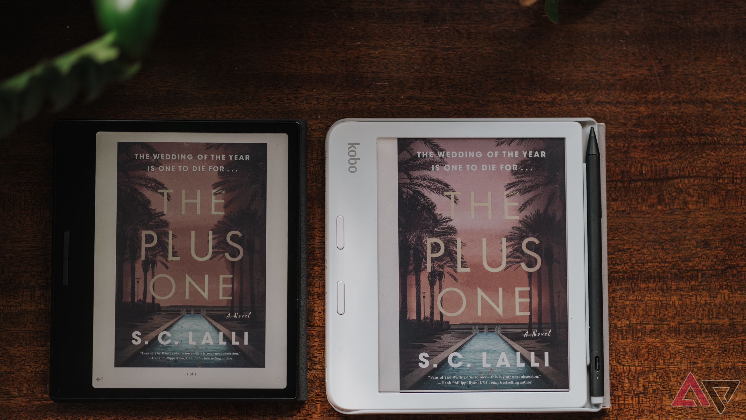 Boox Go Color 7 (left) and Kobo Libra Colour (right). Both e-readers are open to "The Plus One" by S.C. Lalli. 