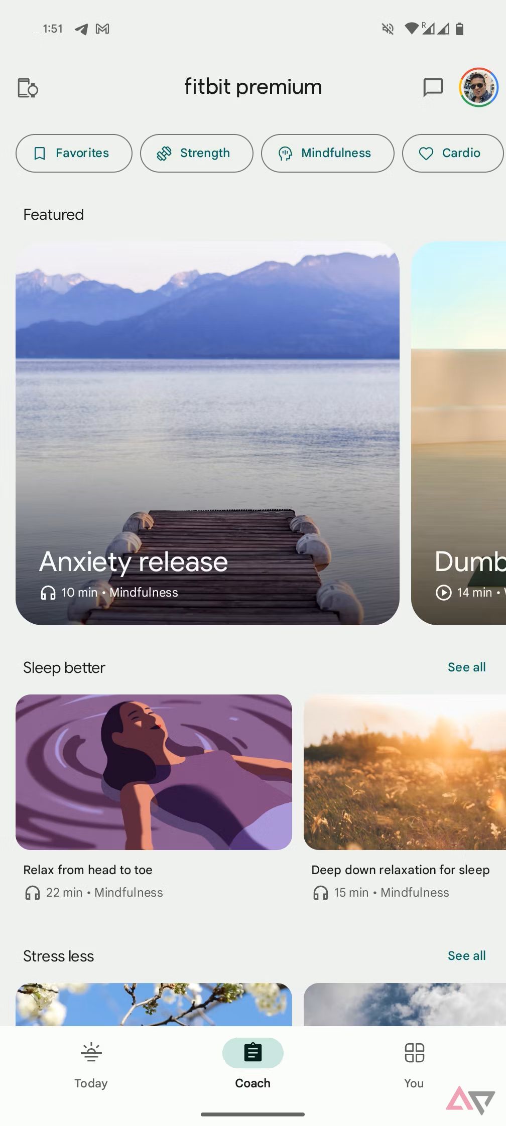 The Fitbit Premium app's coaching interface showing stress content