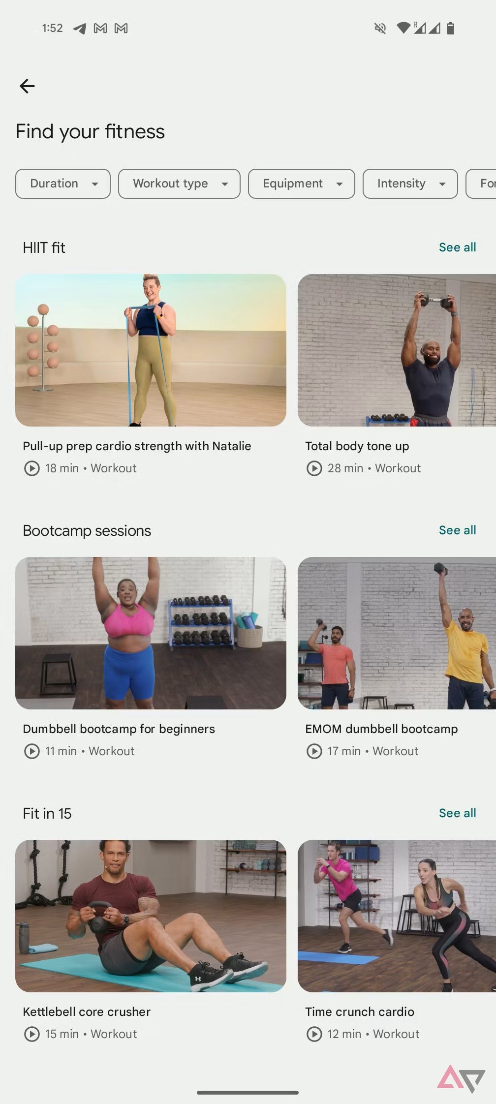 The Fitbit Premium app's coaching interface showing fitness content