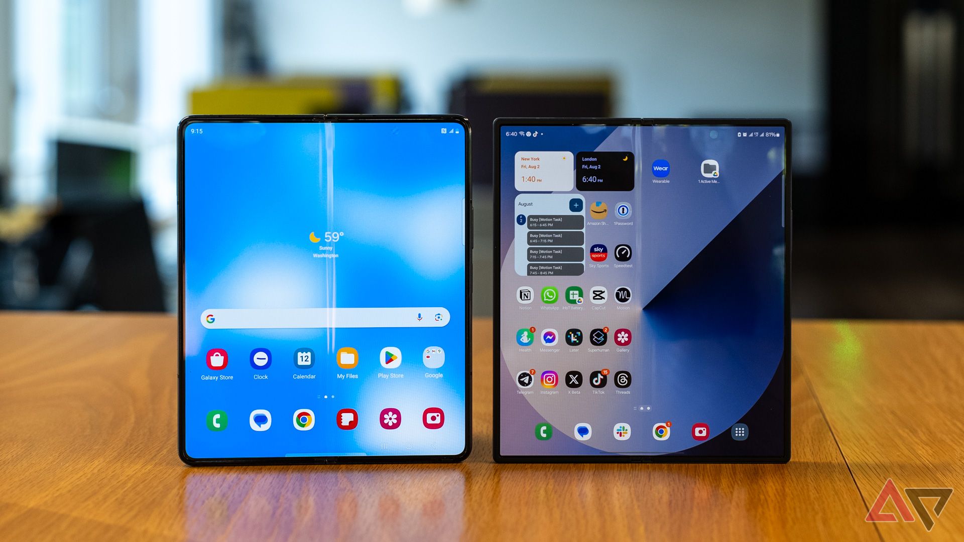 Main display of the Galaxy Z Fold 6 next to the Z Fold 5