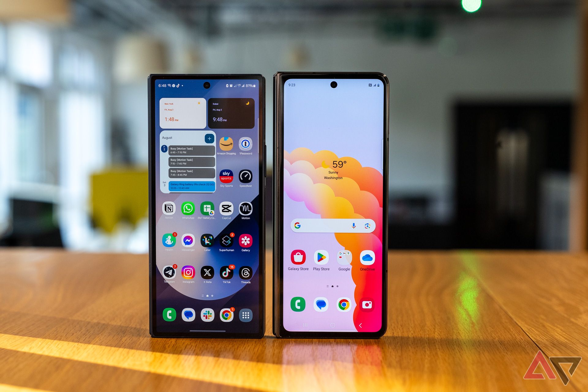 Front display of the Galaxy Z Fold 6 next to the Z Fold 5