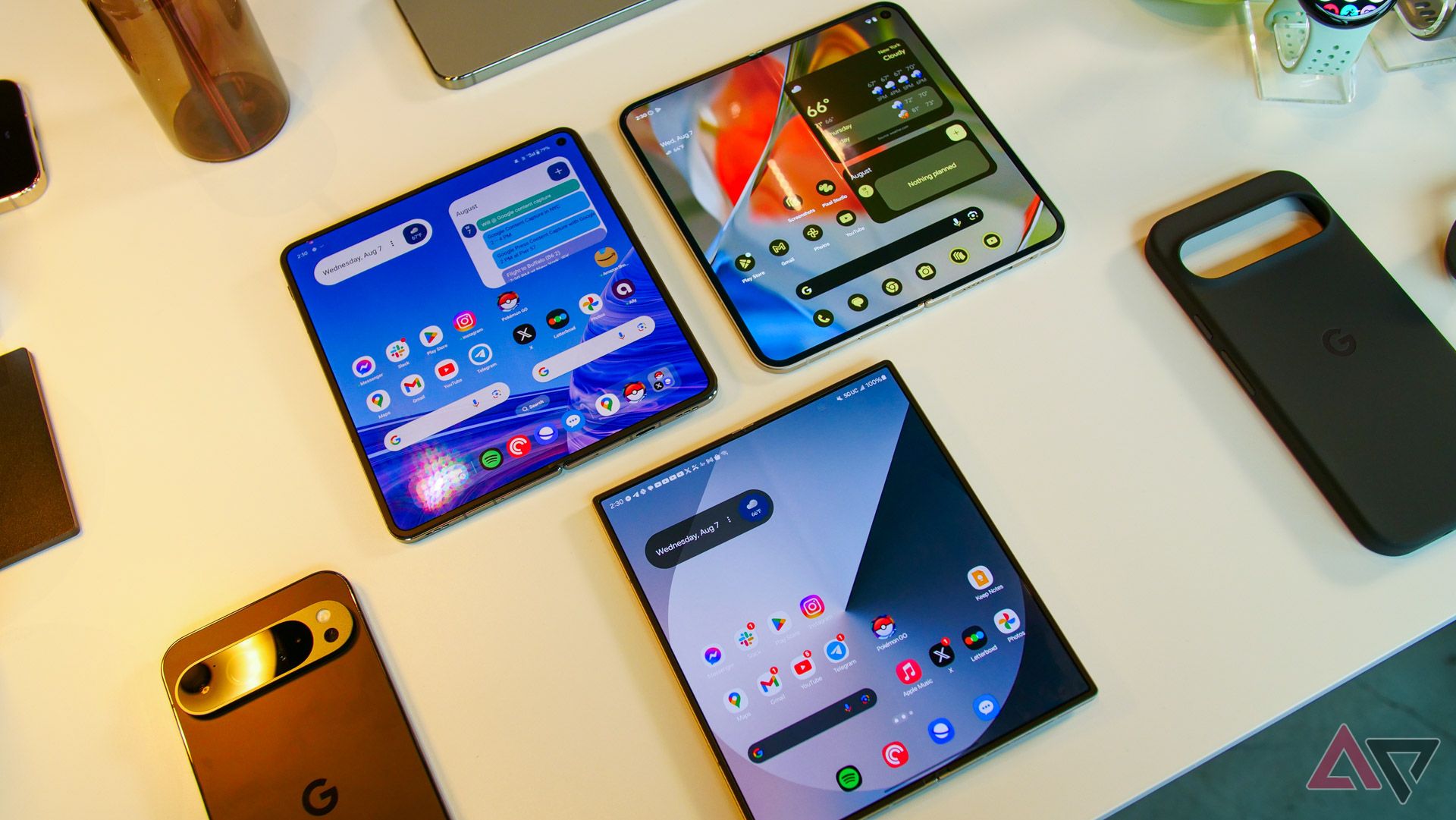 Image comparing the internal displays of Google Pixel 9 Pro Fold, OnePlus Open, and Samsung Galaxy Z Fold 6