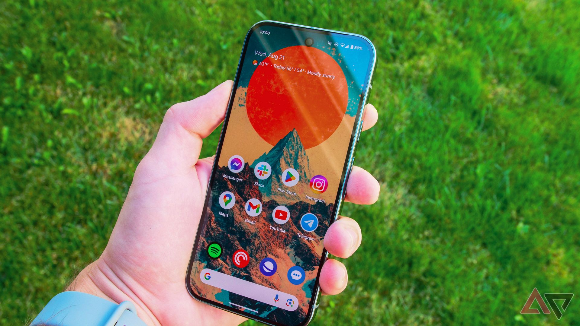 The Pixel 9 Pro held in a hand outside with grass in the background.