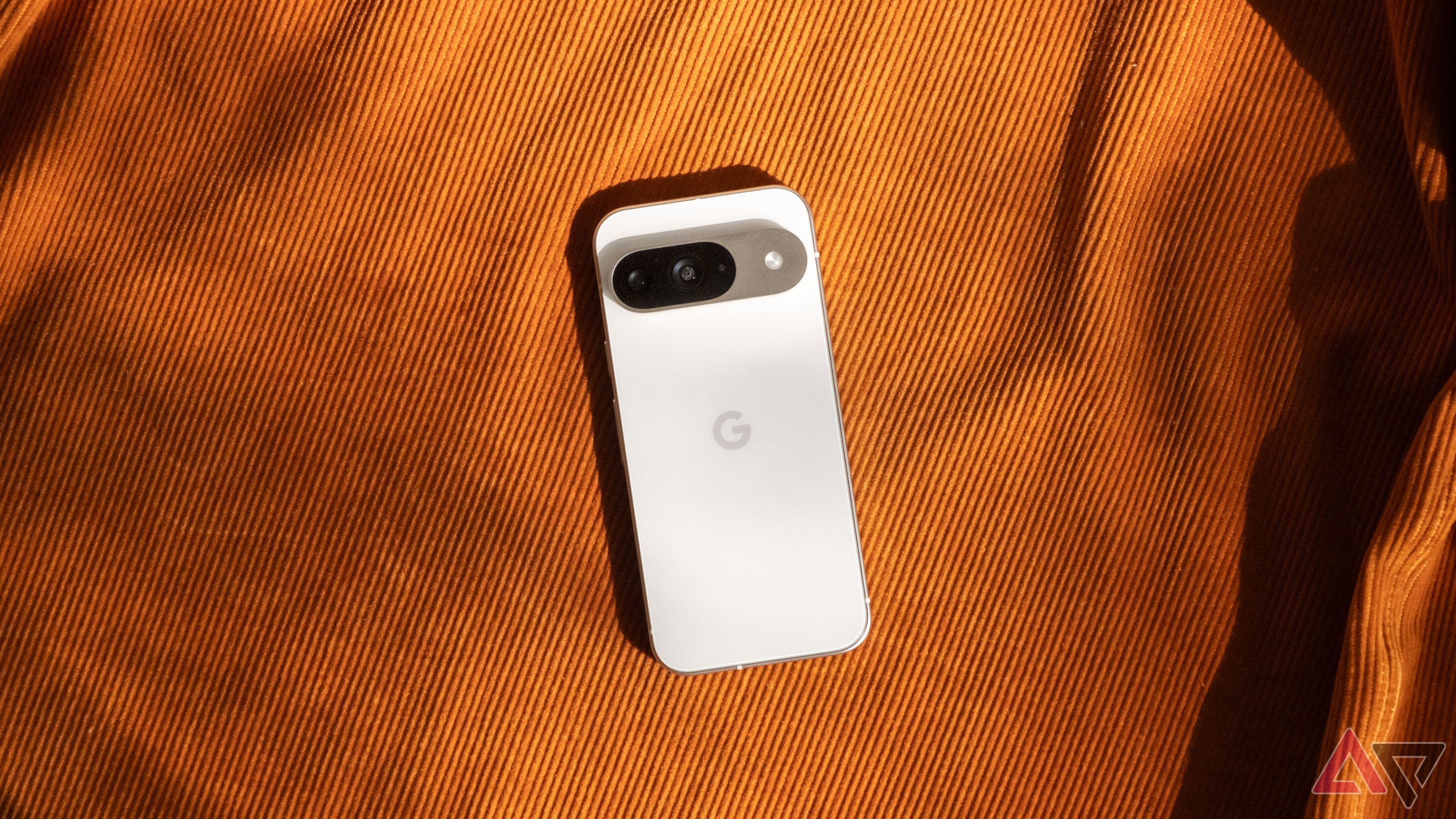 Google Pixel 9 on orange screen showing the back of the phone