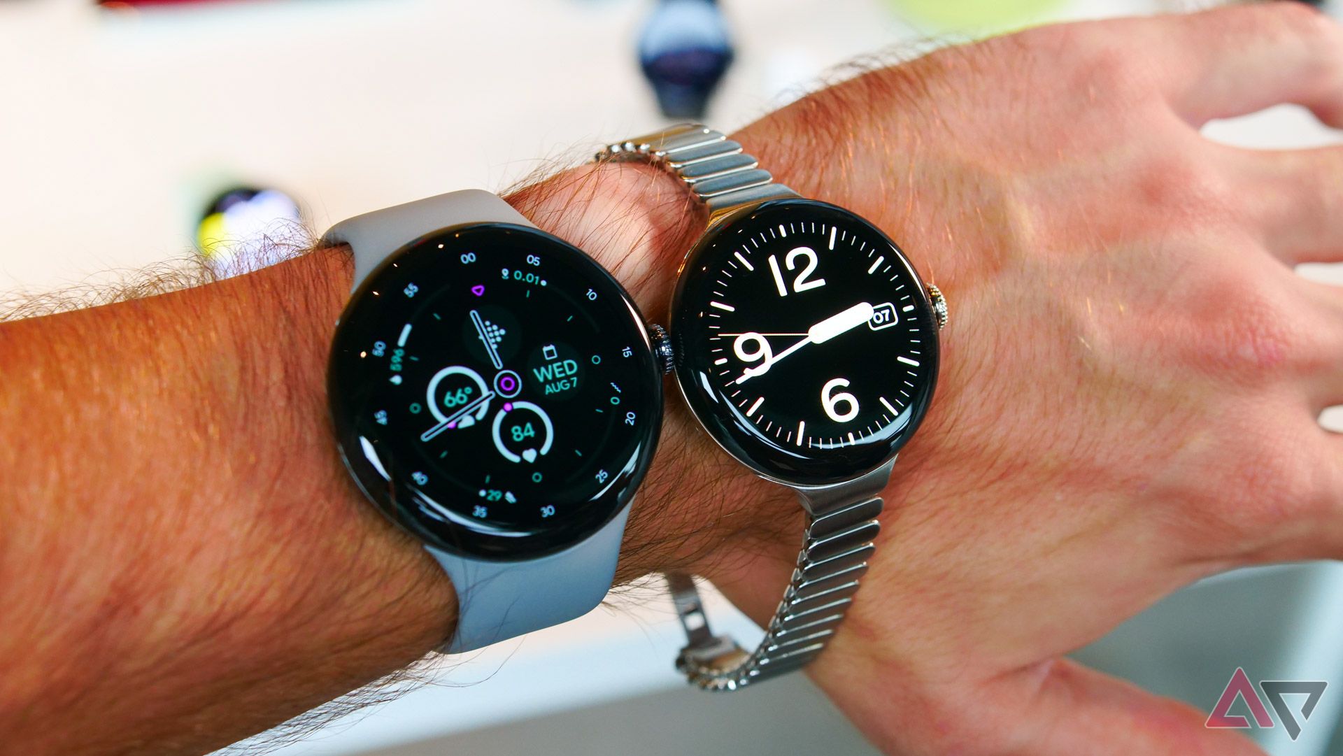 A size comparison of the Google Pixel Watch in 41mm and 45mm