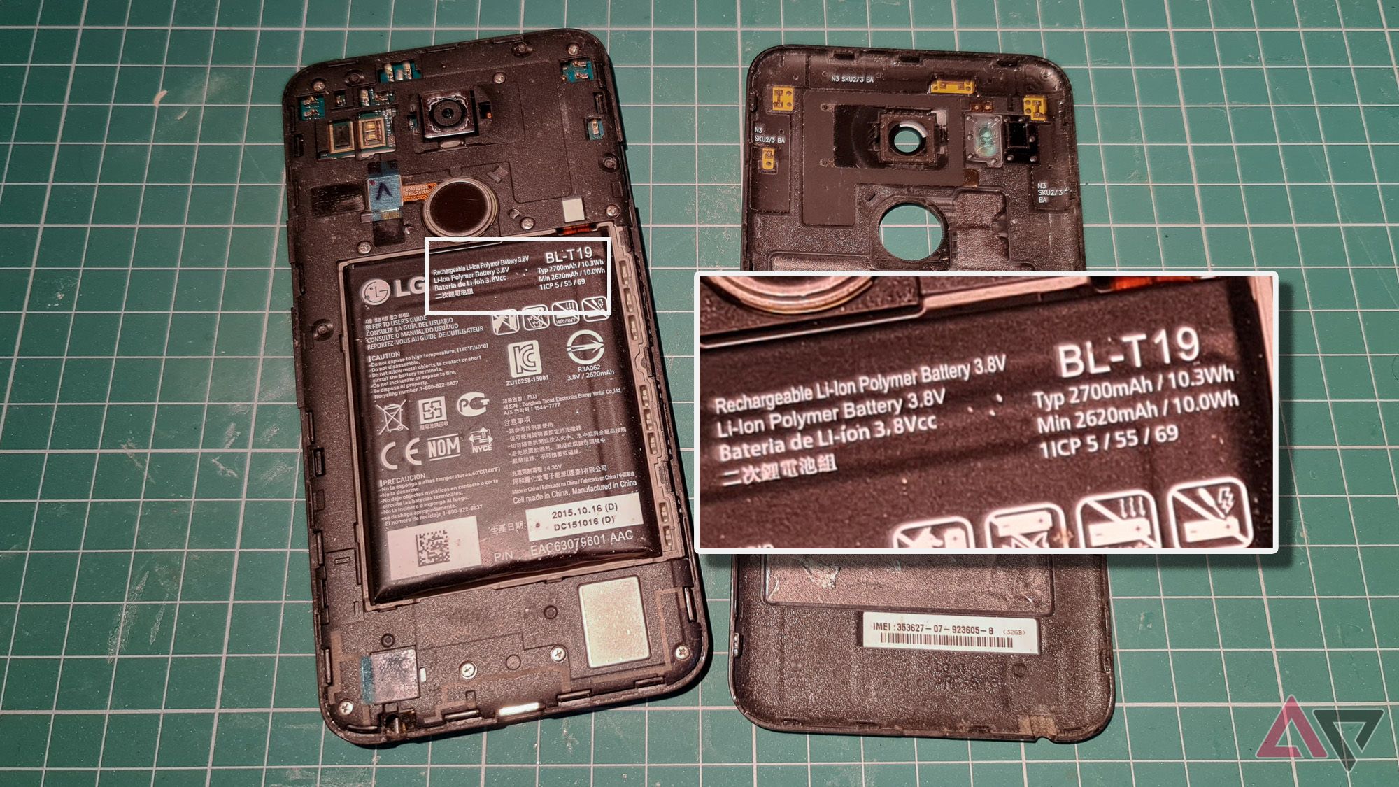 lg nexus 5x phone battery exposed with zoom in on capacity