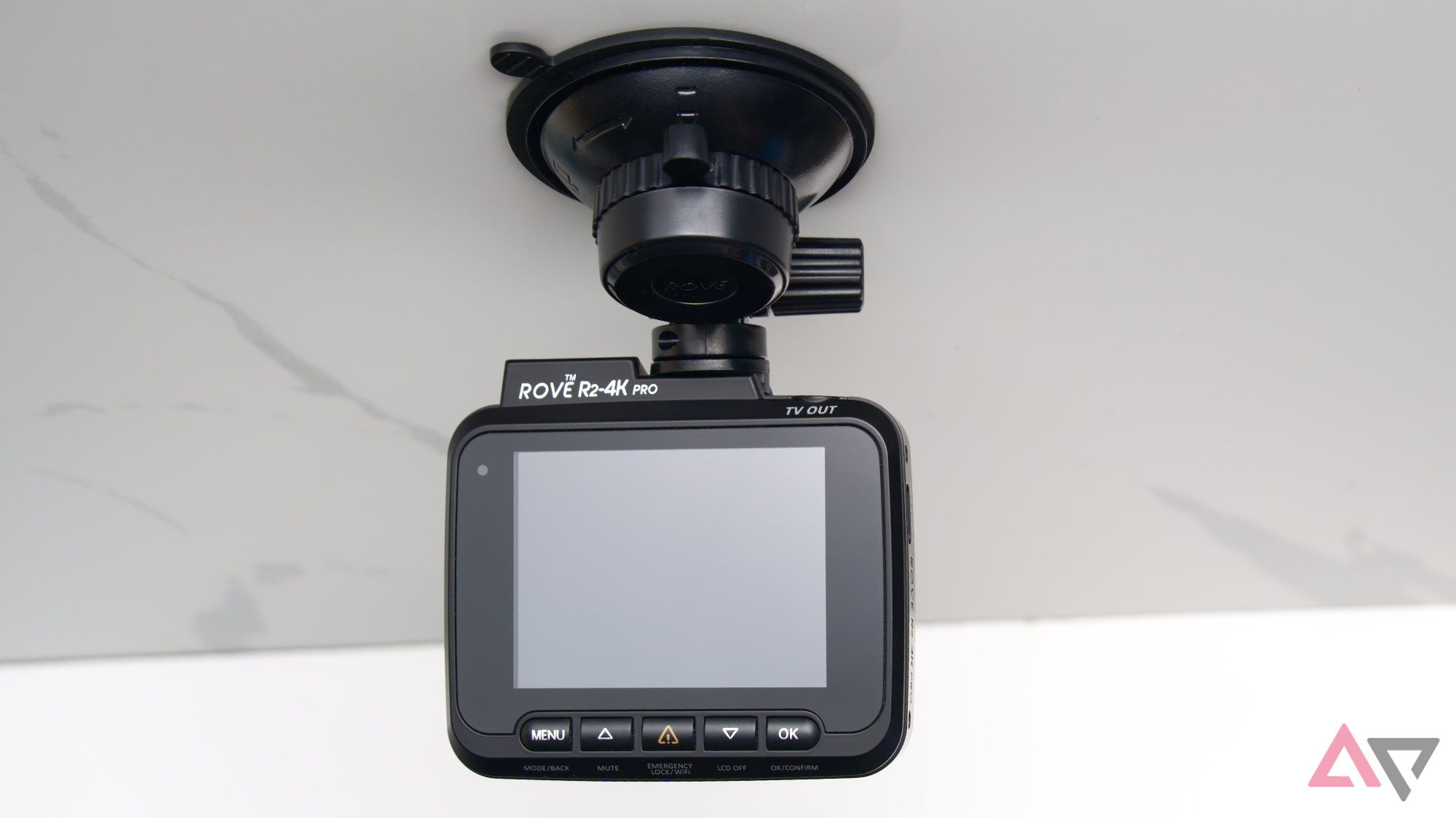 ROVE R2-4K Pro rear view mounted on suction cup with a white background