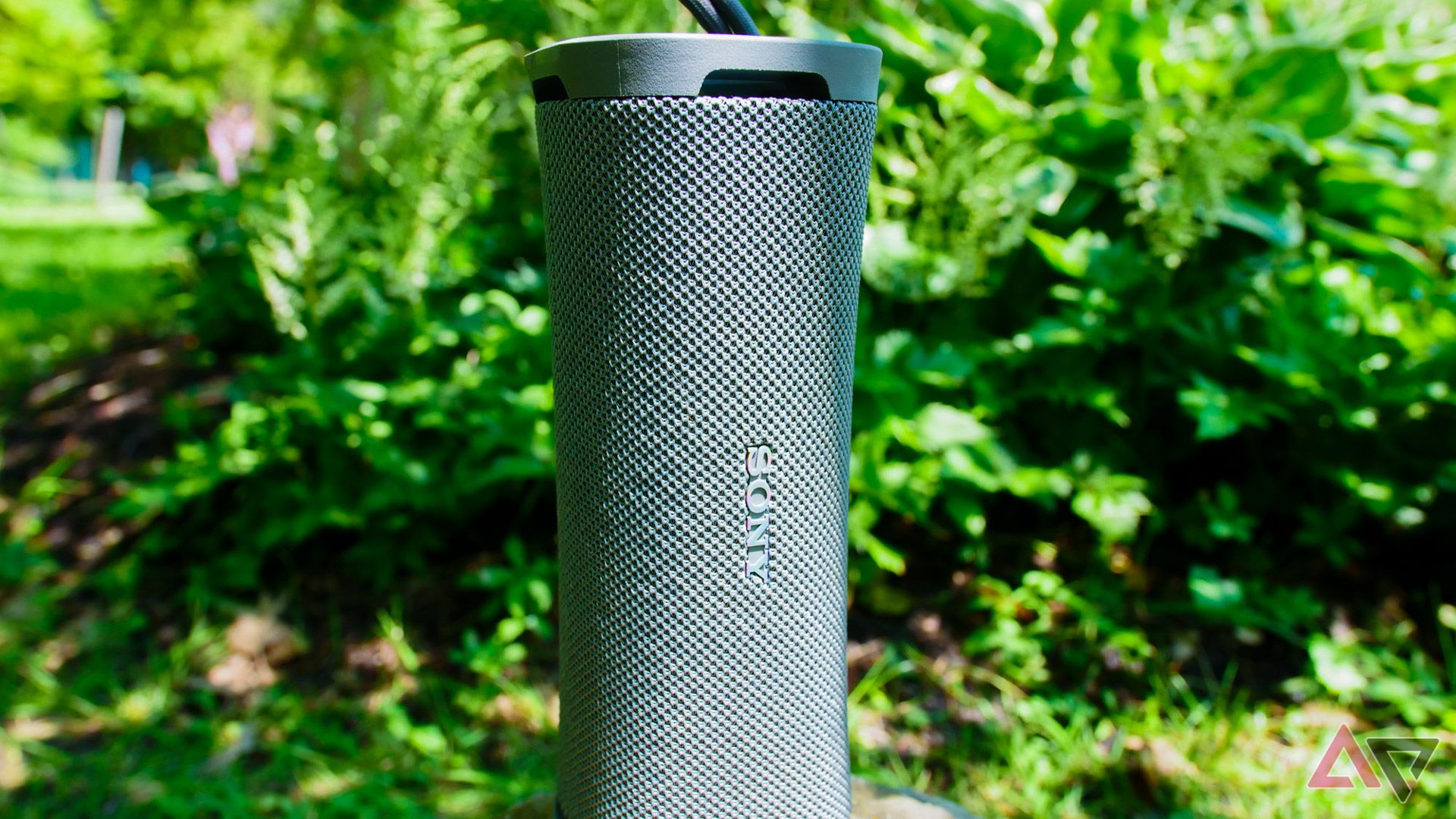 The Sony Ult Field 1 speaker standing up in front of some trees.