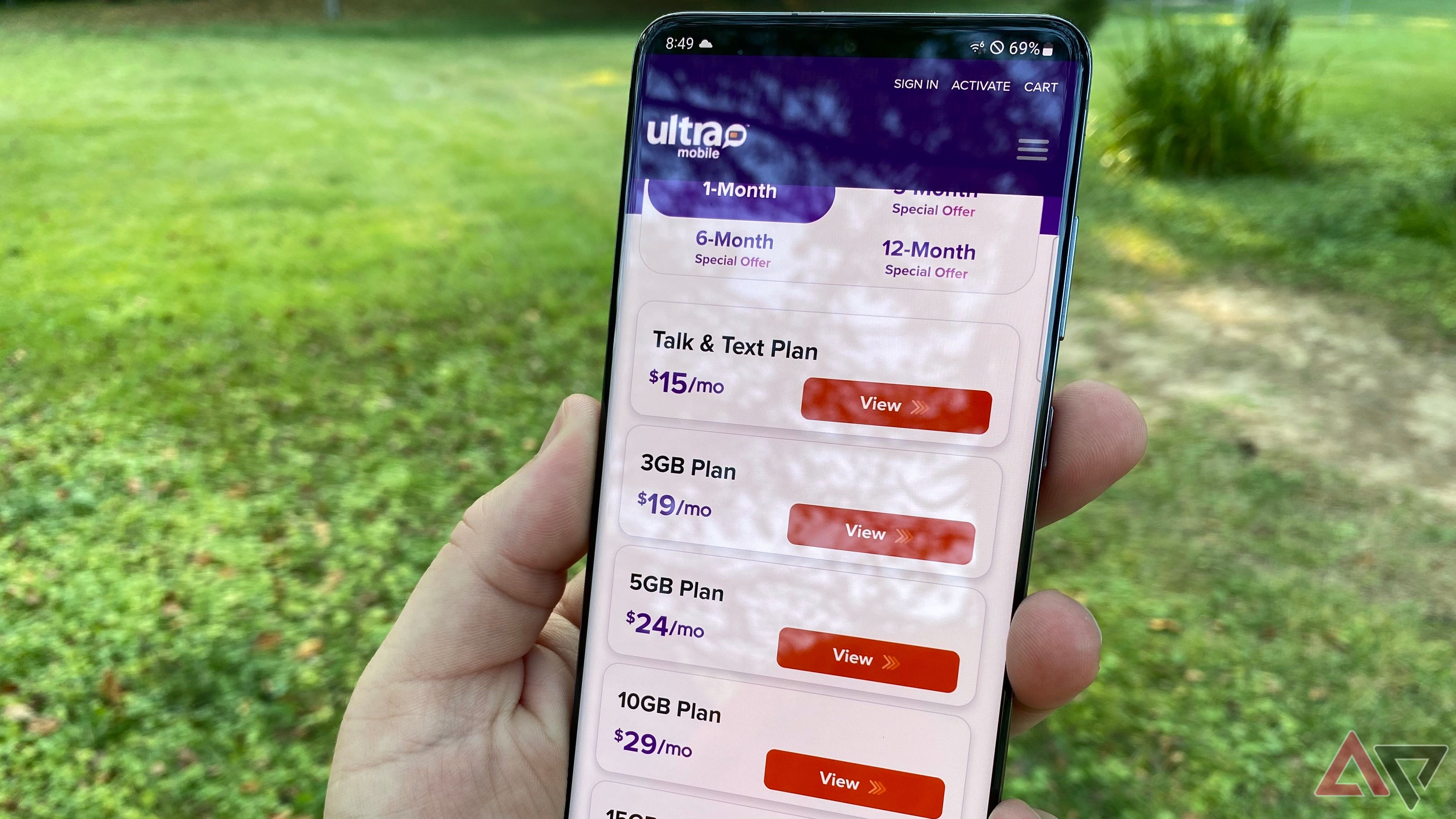 Ultra Mobile's plans page in a phone