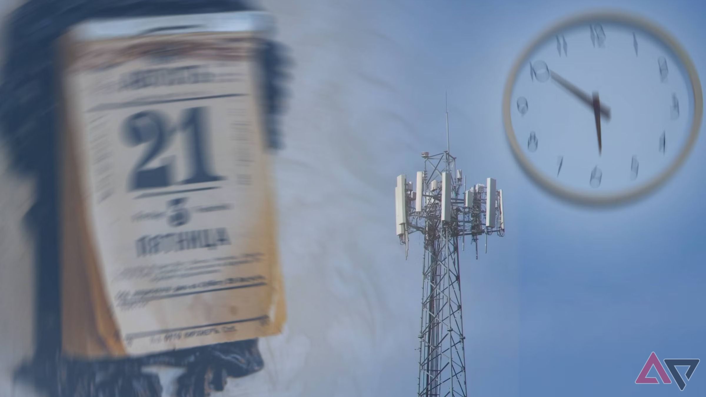 An AT&T tower with a superimposed clock and calender