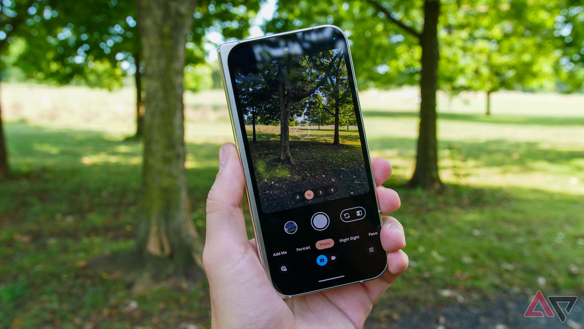 The Pixel 9 Pro Fold's camera UI as shot in a park.